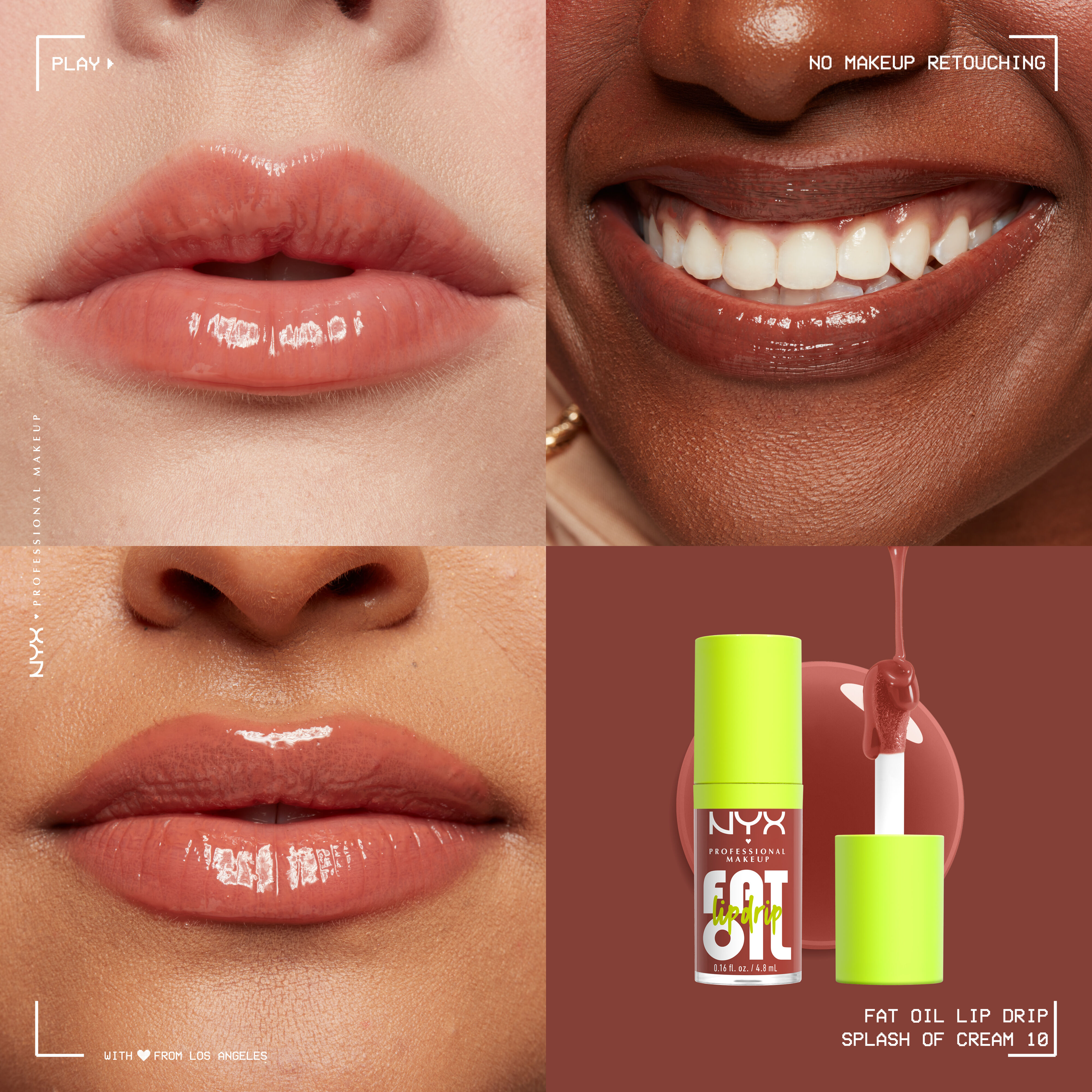 Fat Oil Lip Drip Lip Oil in shade Splash of Cream on three different skin tones