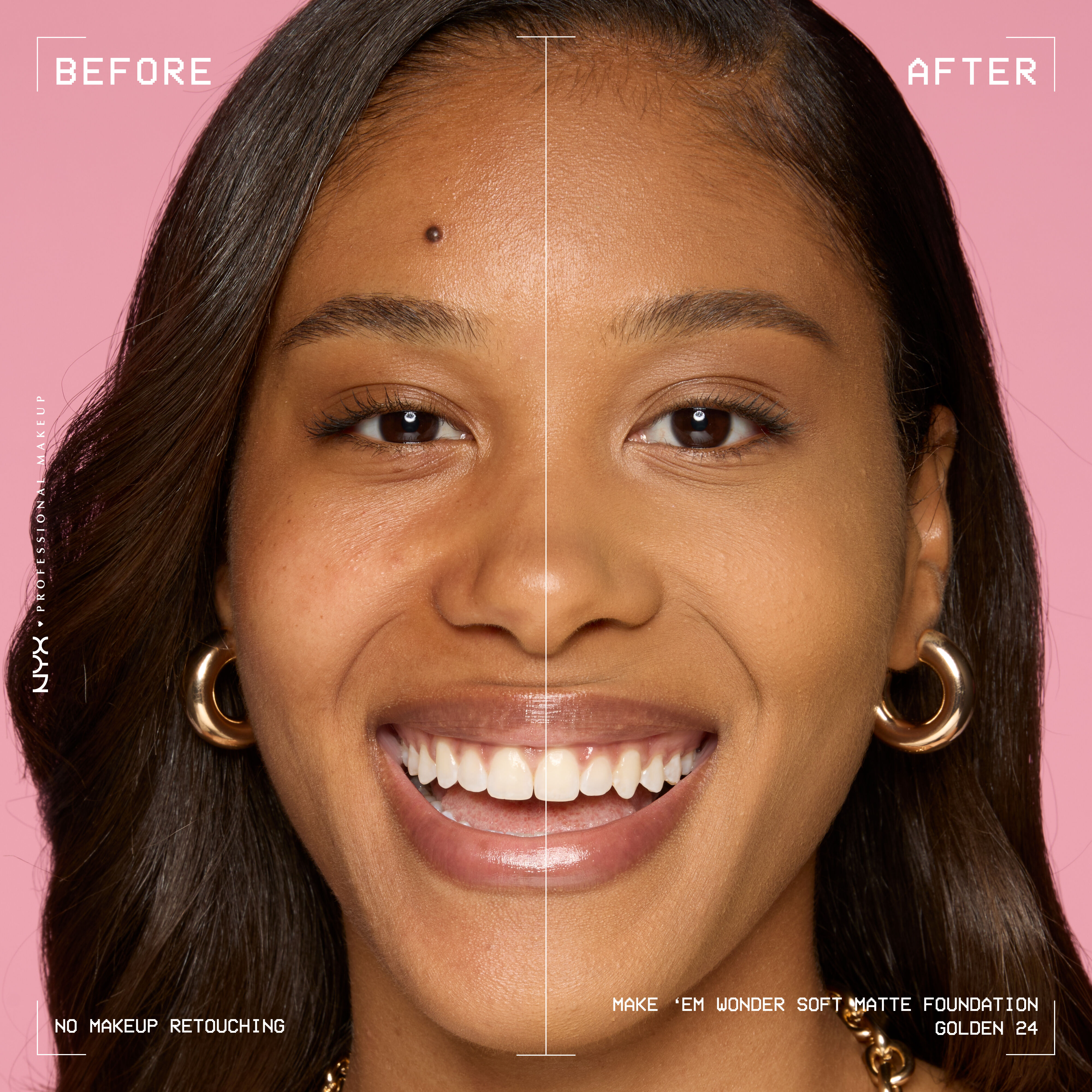Before-and-after model wearing NYX Make ’Em Wonder Foundation shade 24 Golden, text overlay “Before / After.”