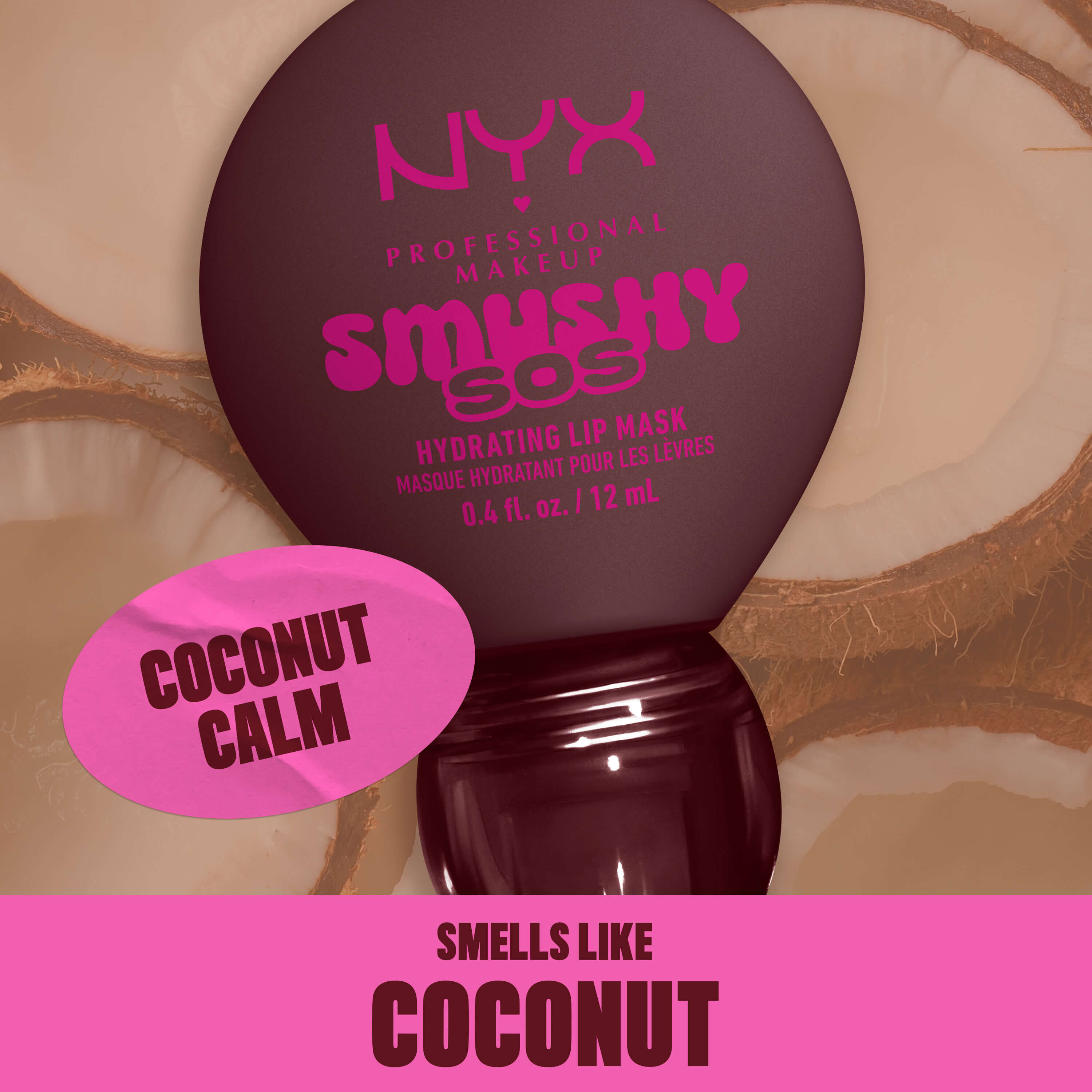 NYX Professional Makeup Smushy SOS lip mask in Coconut Calm with coconut halves, scented like coconut