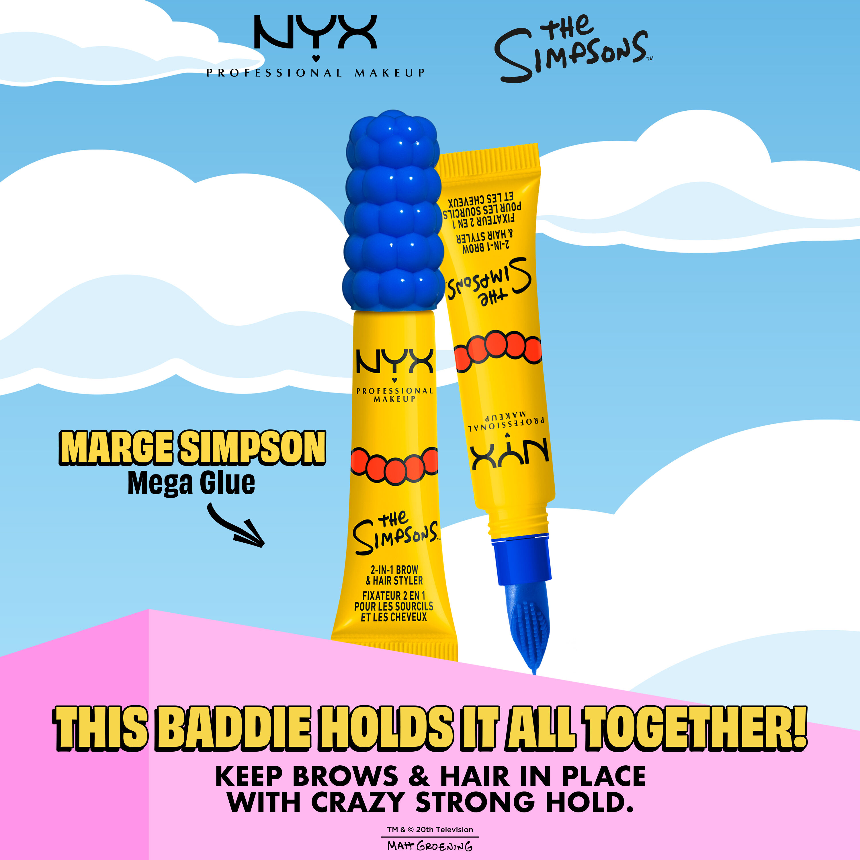 NYX Professional Makeup The Simpsons Mega Glue packshot with product description and yellow packaging on a blue background.