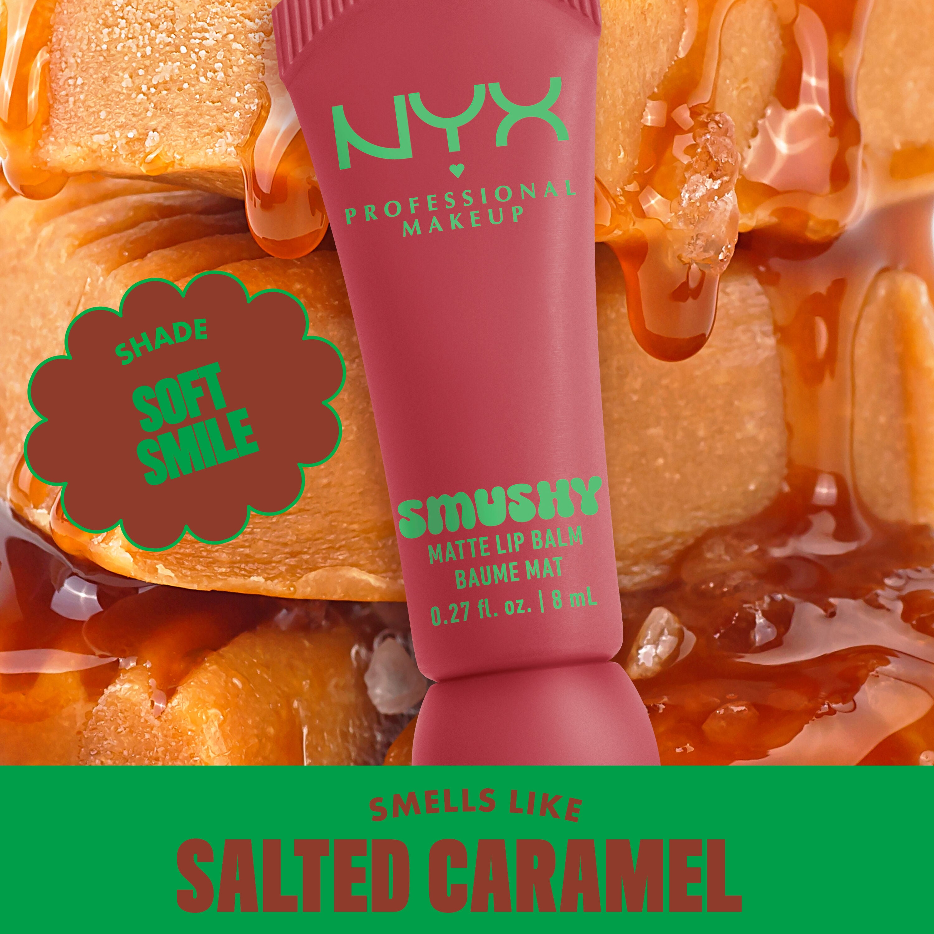 Smushy Matte Lip Balm in soft nude shade Soft Smile, on drippy caramel background with text "smells like salted caramel"