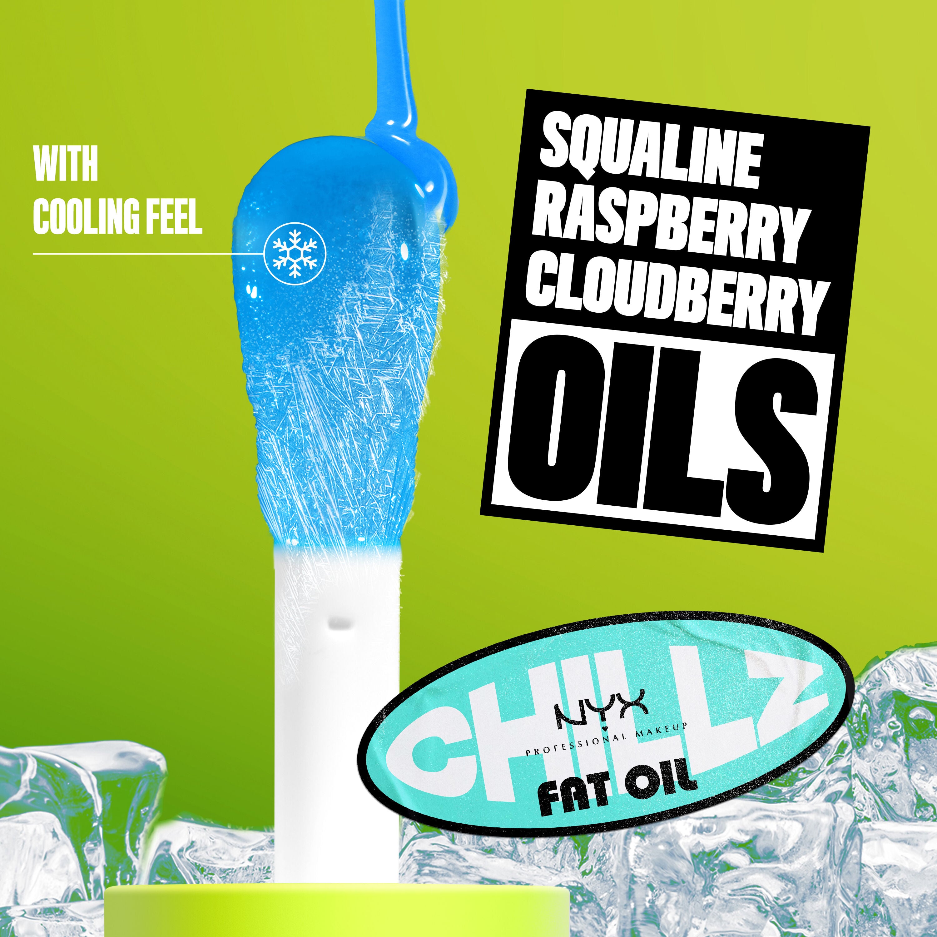 Fat Oil Chillz close up to applicator with shade Polar Peppermint. With cooling feel. Squaline, Raspberry, Cloudberry Oils. 