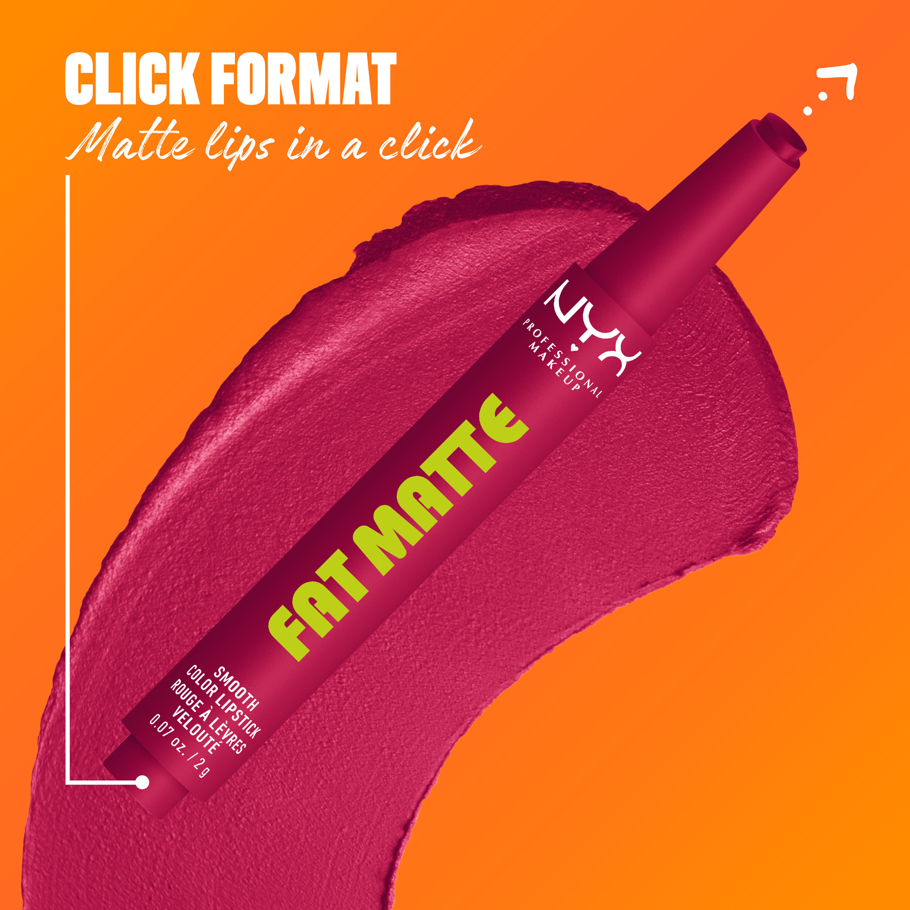 NYX Professional Makeup Fat Matte Smooth Color Lipstick in magenta shade Hibiscus Hug, showing the click-pen applicator format and shade swatch, highlighting easy, mess-free matte lipstick application.