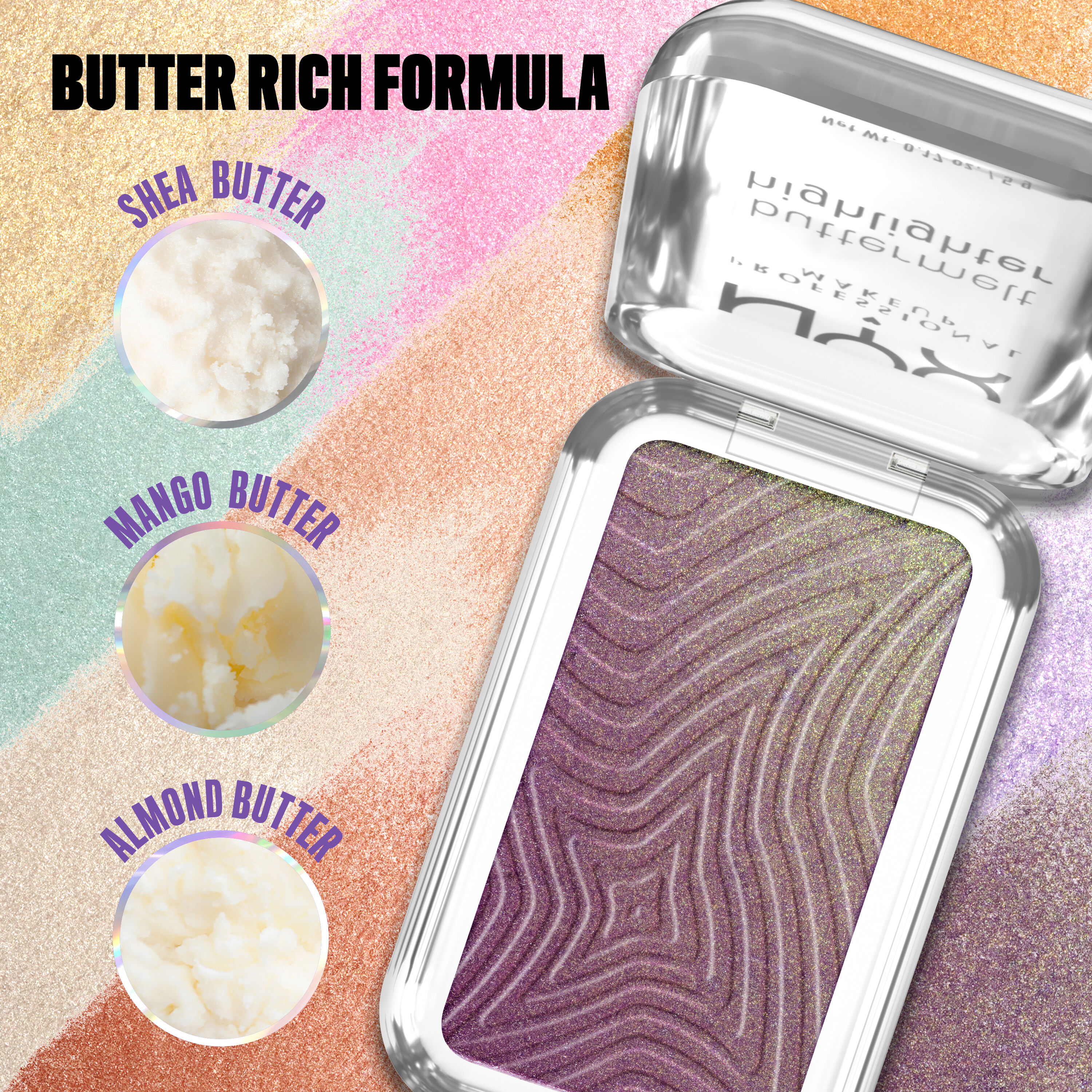 Open Buttermelt Highlighter, with image close-ups of shea, mango, and almond butter