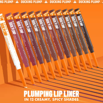 all 12 shades of Duck Plump Plumping Lip Liner in a line with text “Plumping Lip Liner in 12 Creamy, Spicy Shades”