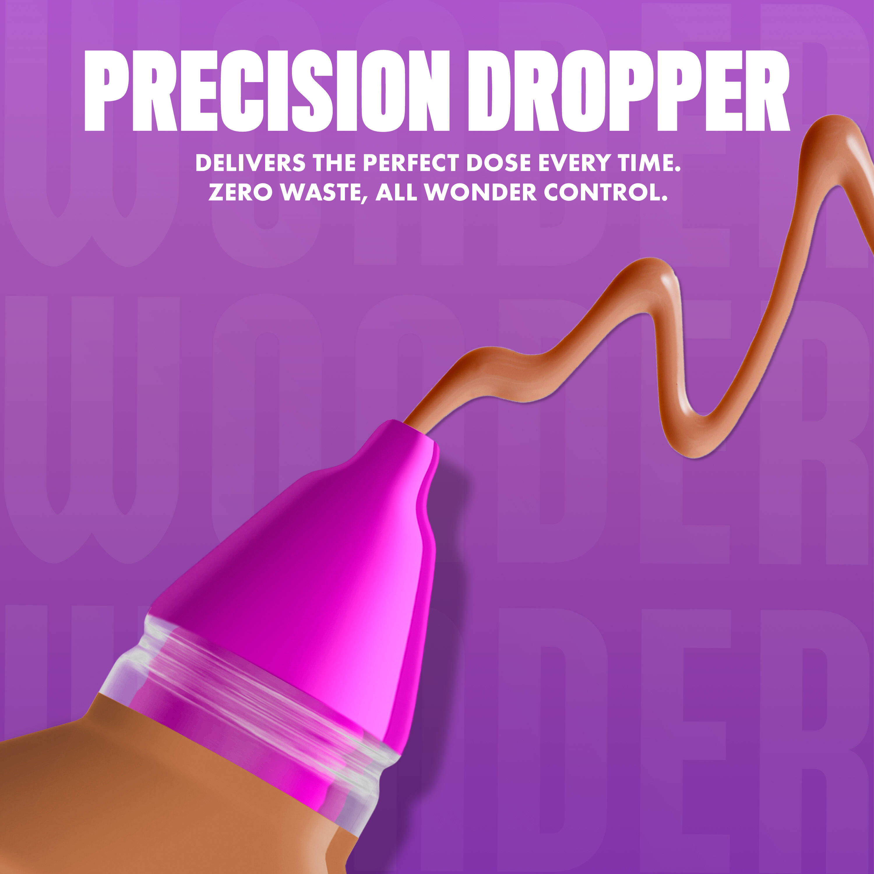 NYX Make ’Em Wonder Foundation in shade 30 Light Nutmeg releasing a smooth, light nutmeg brown foundation with text  “Precision Dropper.”