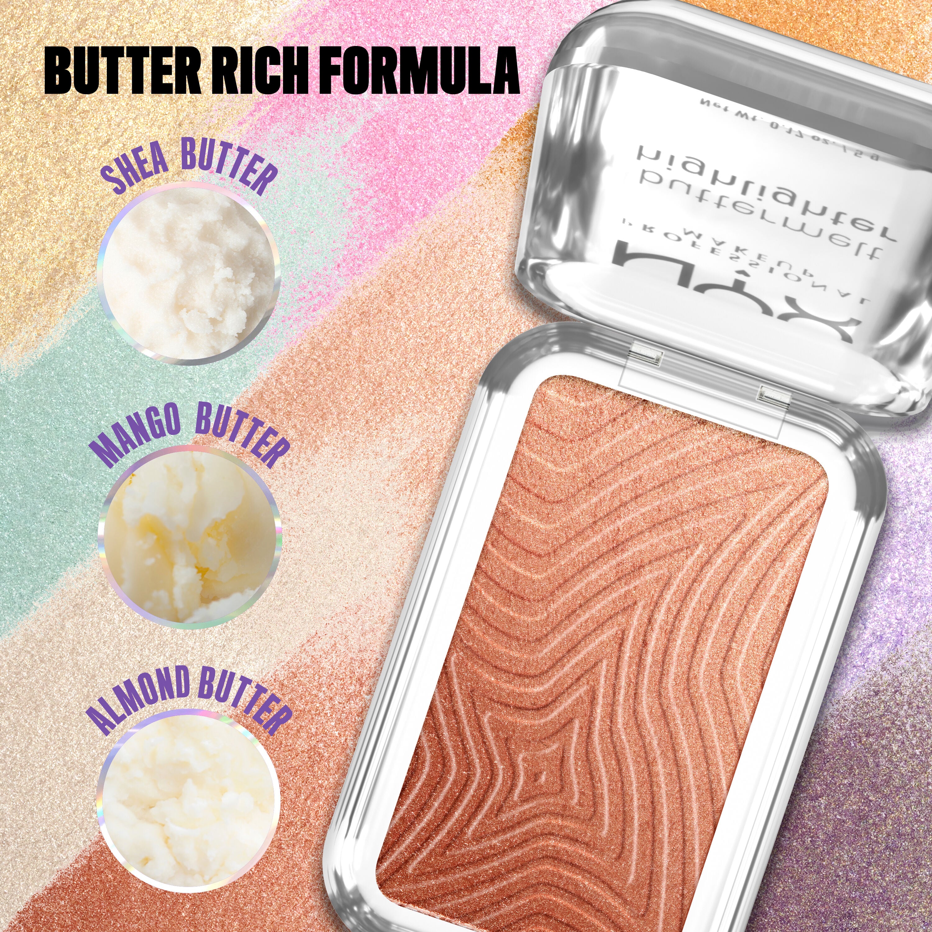 Open Buttermelt Highlighter in shade "Butta in Bronze", with image close-ups of shea, mango, and almond butter