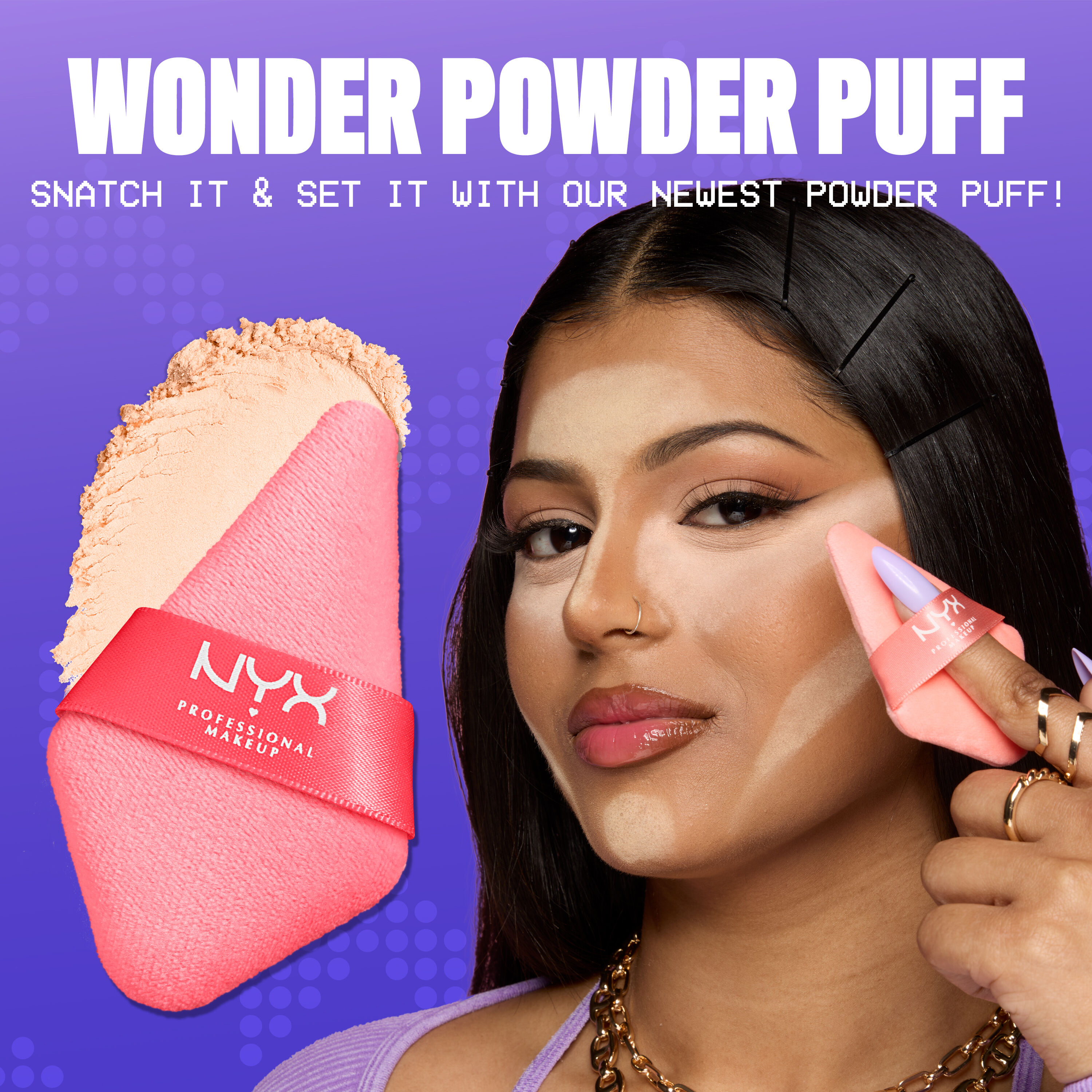 Close-up of Wonder Setting Powder Puff + model using puff with text "snatch it & set it with our newest powder puff"