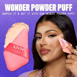 Close-up of Wonder Setting Powder Puff + model using puff with text "snatch it & set it with our newest powder puff"