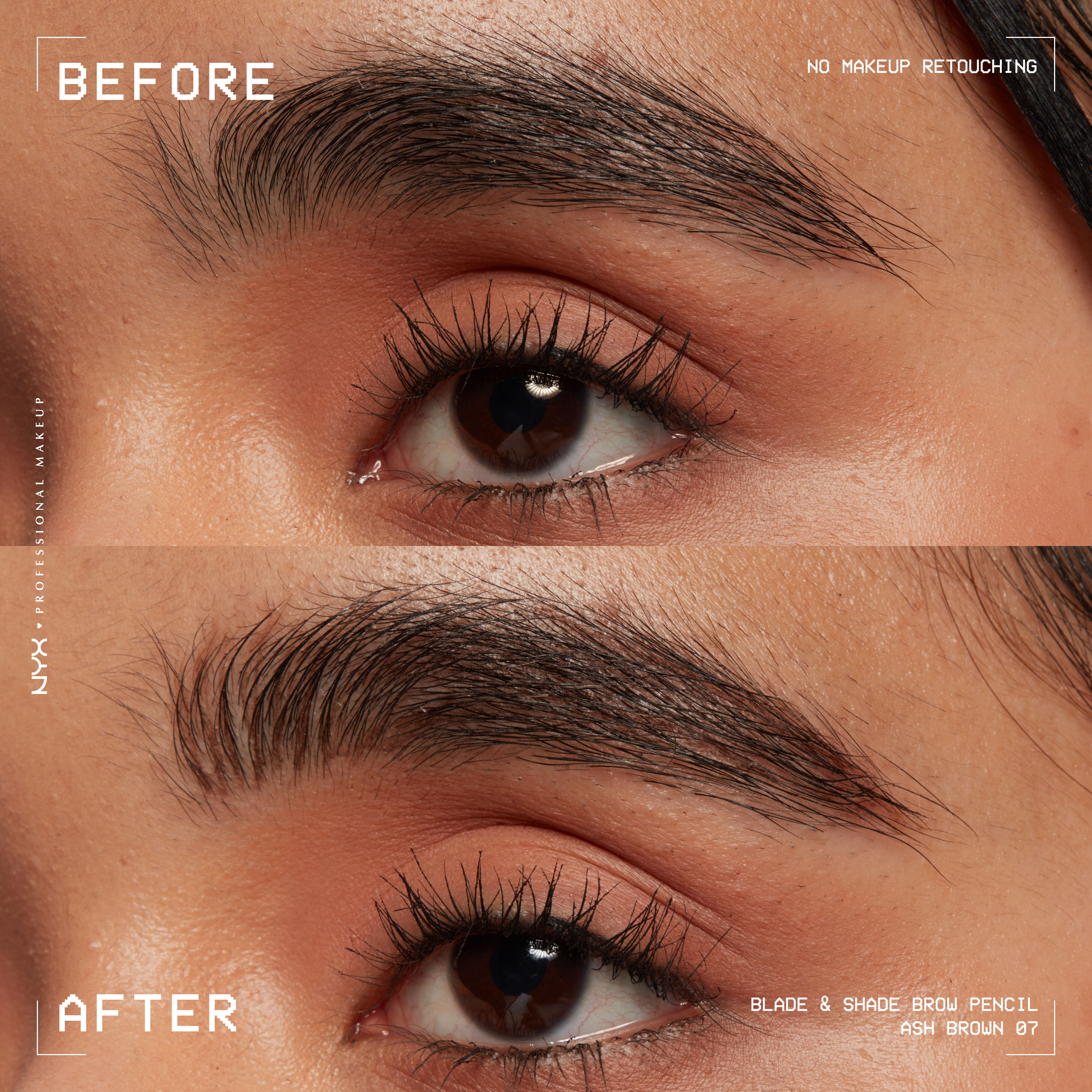 closeup before and after of Blade & Shade Nano Brow Pencil on light brown eyebrow
