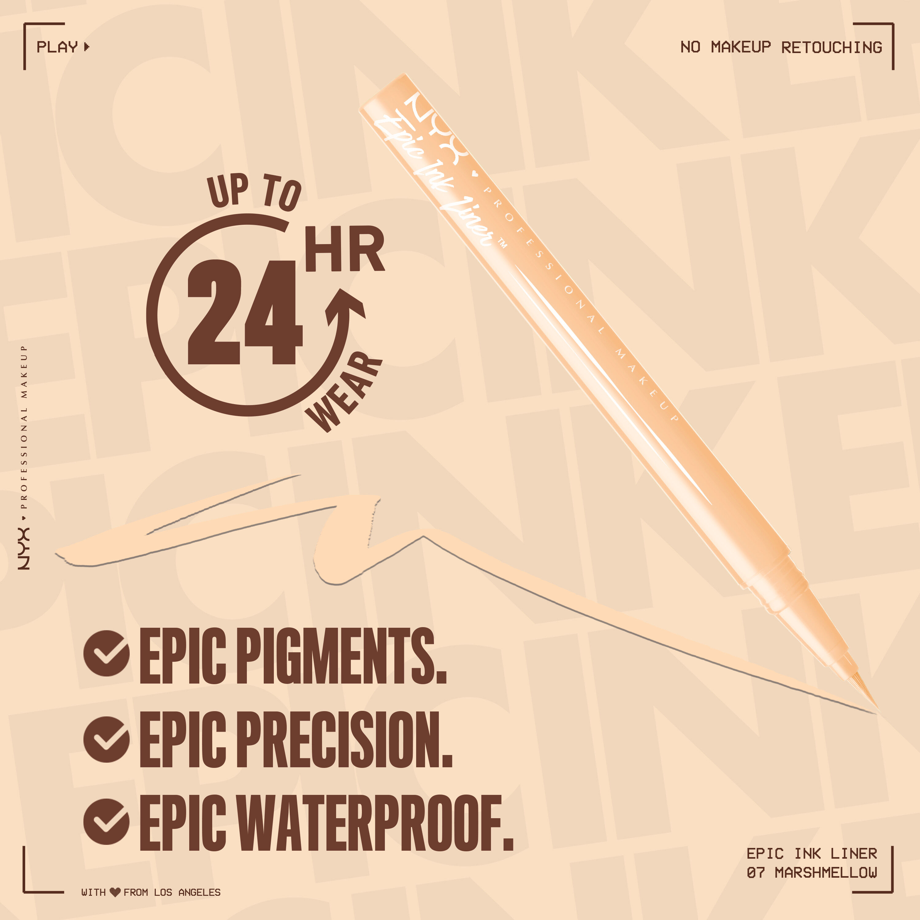 Epic Ink Liquid Liner in cream off-white with text "Up to 24 HR wear. Epic Pigments. Epic Precision. Epic Waterproof"