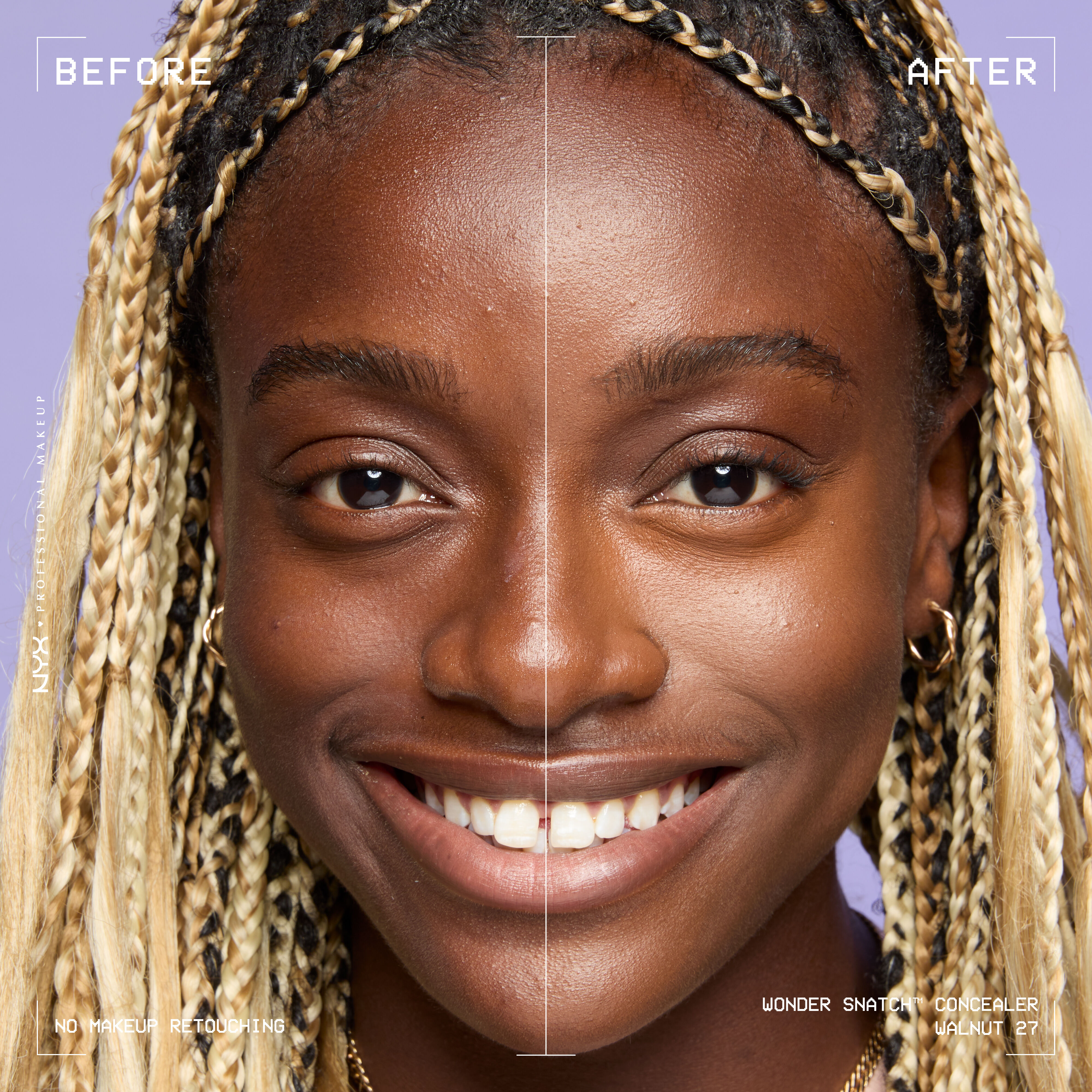 Before-and-after comparison of model wearing Wonder Snatch(TM) Concealer, showing brighter under-eyes and smoother-looking skin.