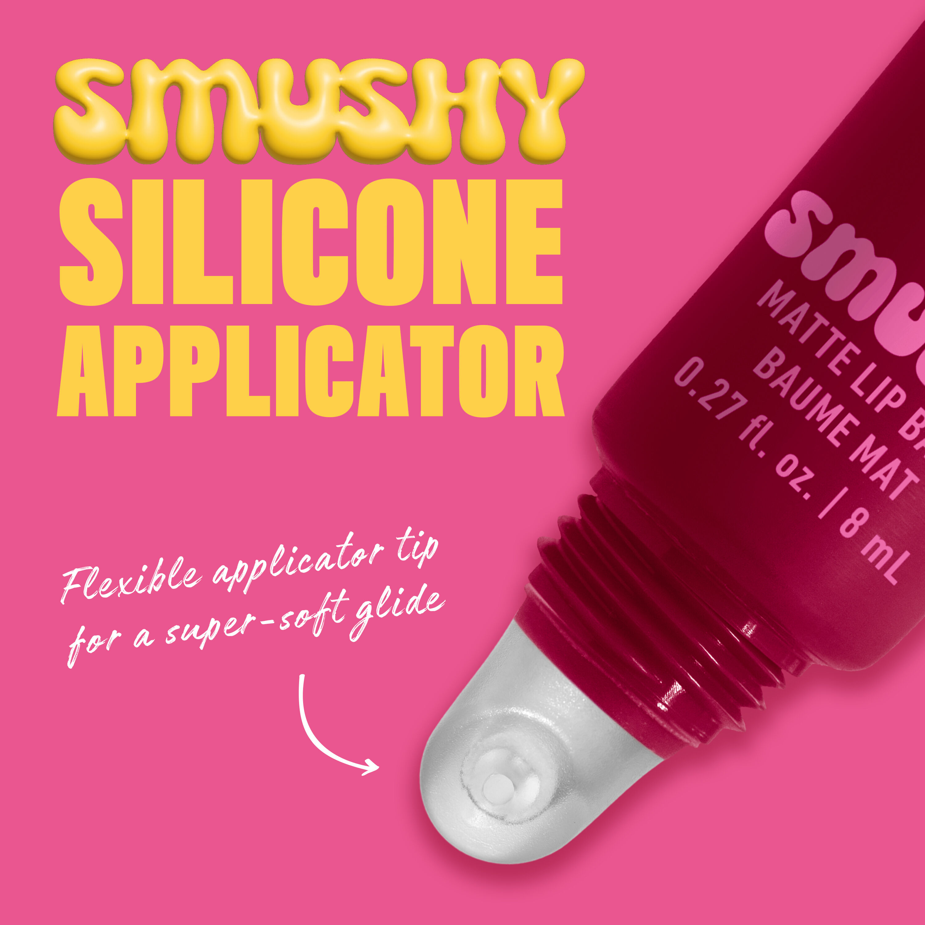 Closeup of Smushy Lip Balm in shade "Squeeze N Sizzle" silicone applicator with text "Flexible applicator tip for a super-soft glide"