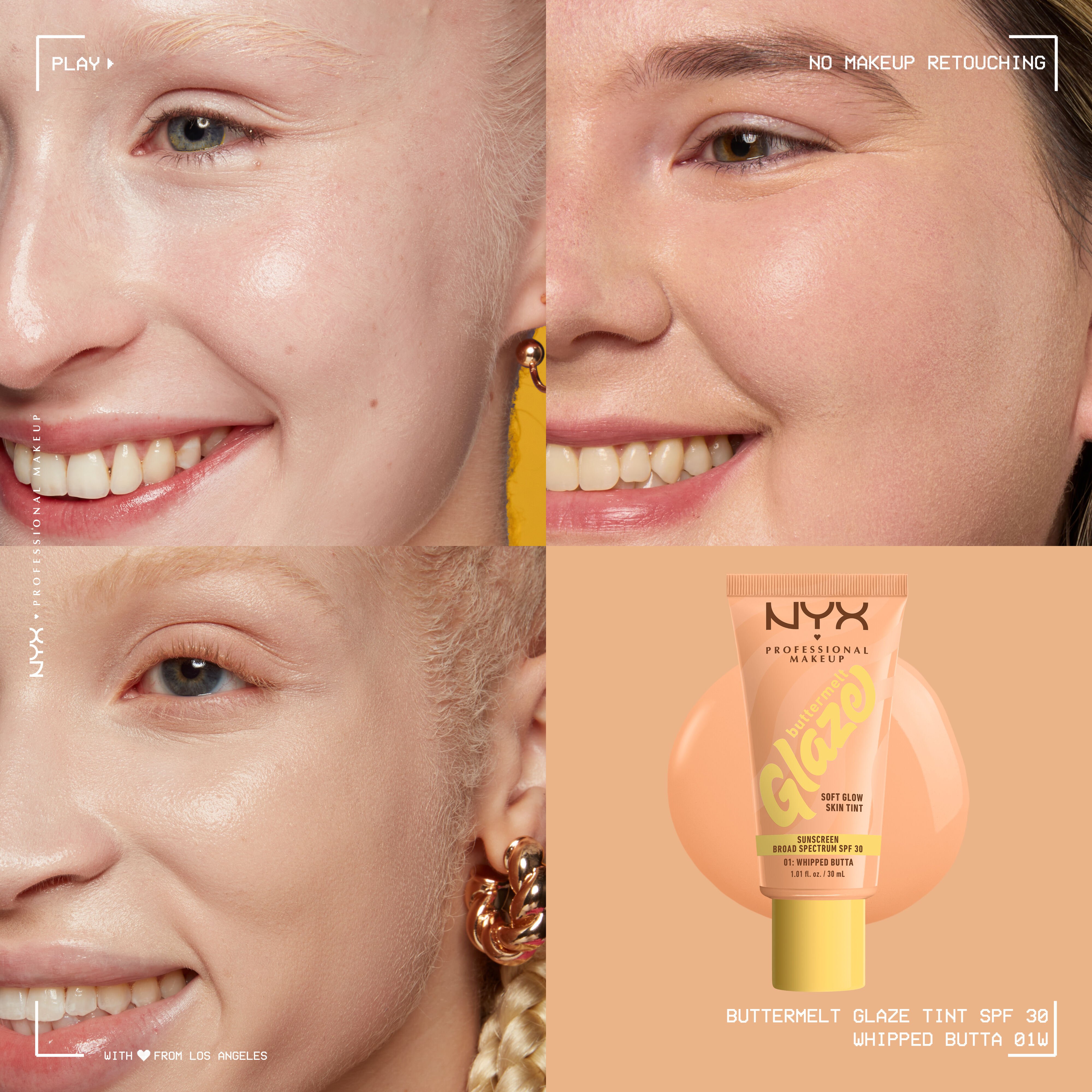 closeups of three models wearing Buttermelt Glaze Skin Tint with SPF 30 with bottle