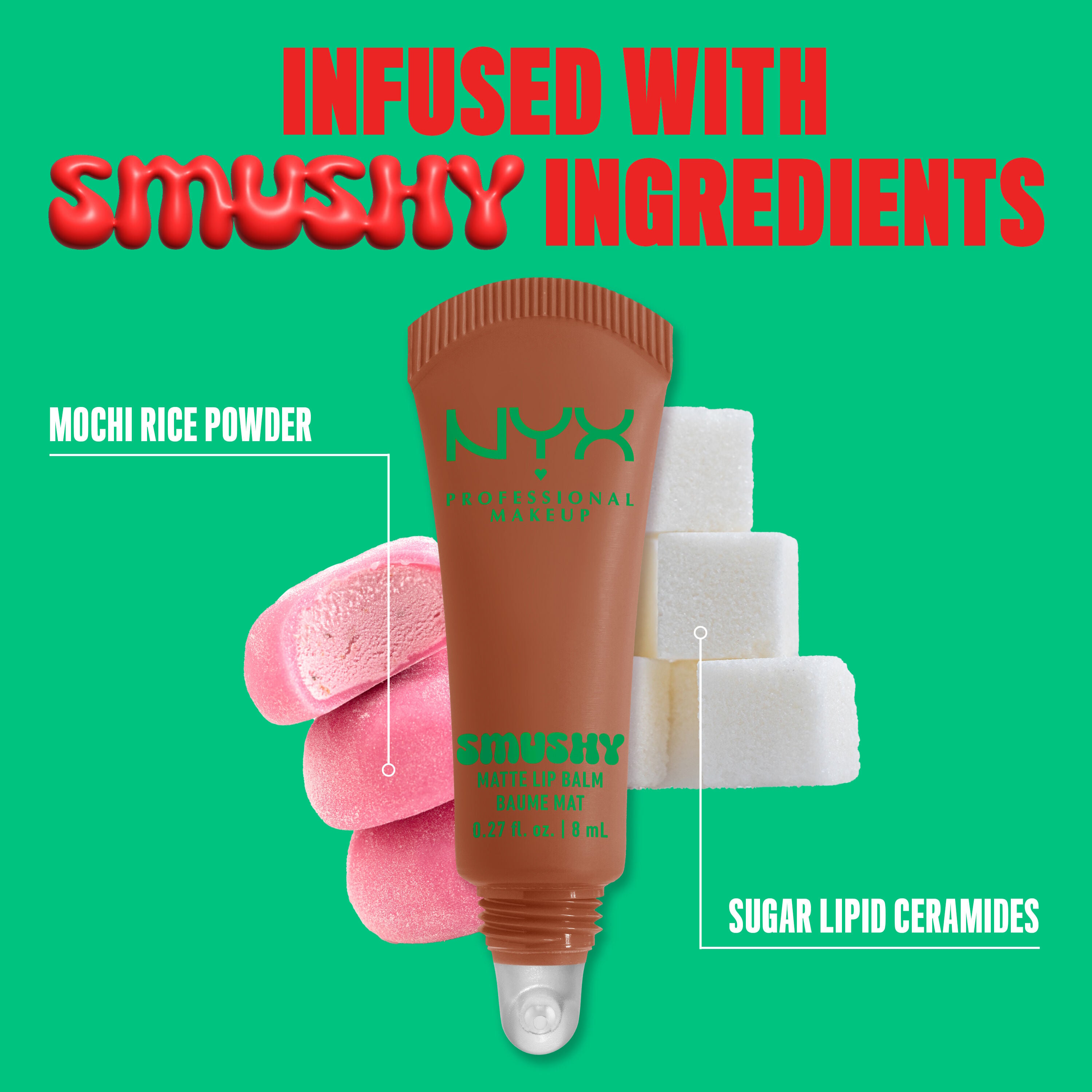 Smushy Matte Lip Balm in shade "Soft Smile" with mochi & sugar cubes with text "mochi rice powder" & "sugar lipid ceramides"