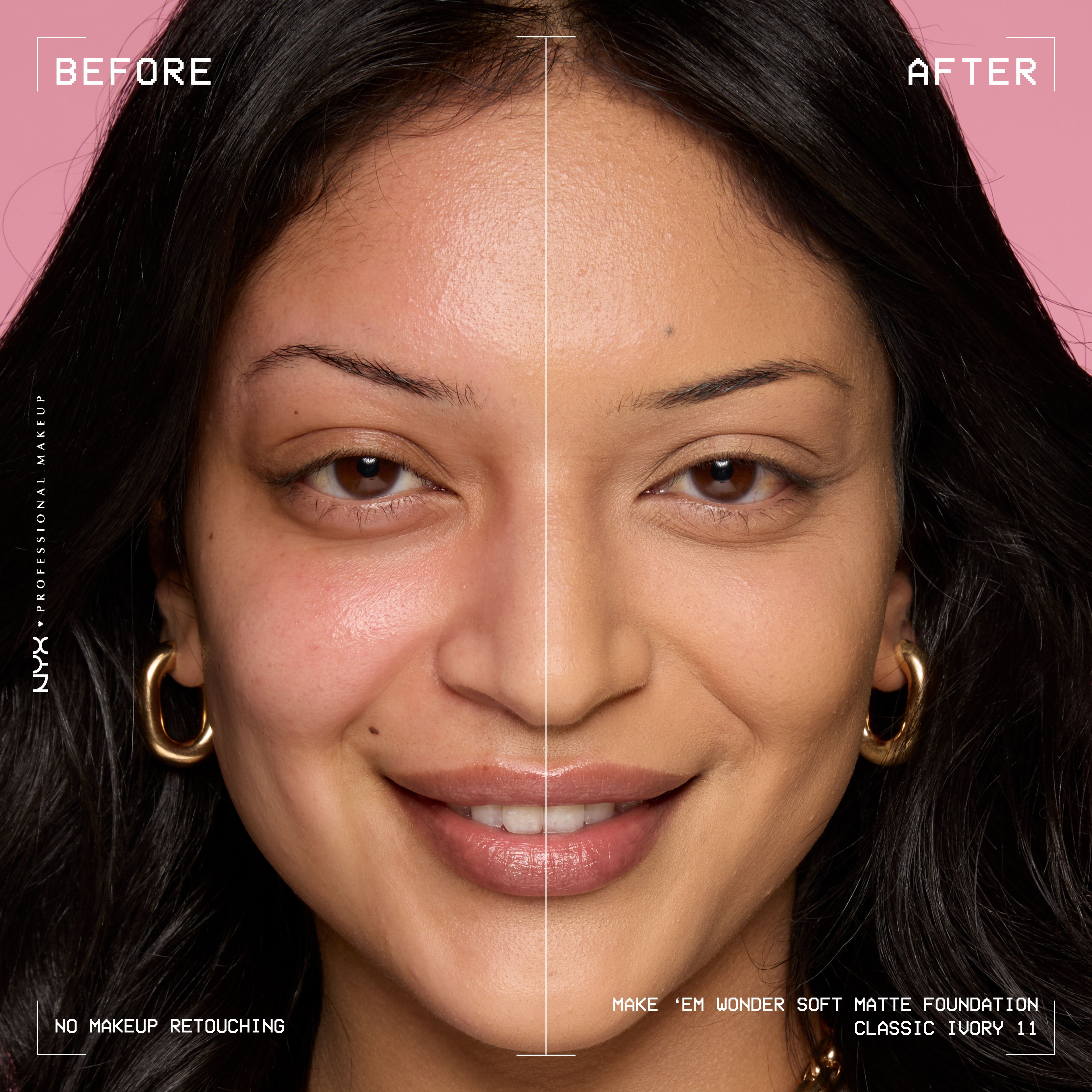 Before-and-after model wearing NYX Make ’Em Wonder Foundation shade 11 Classic Ivory, text overlay “Before / After.”