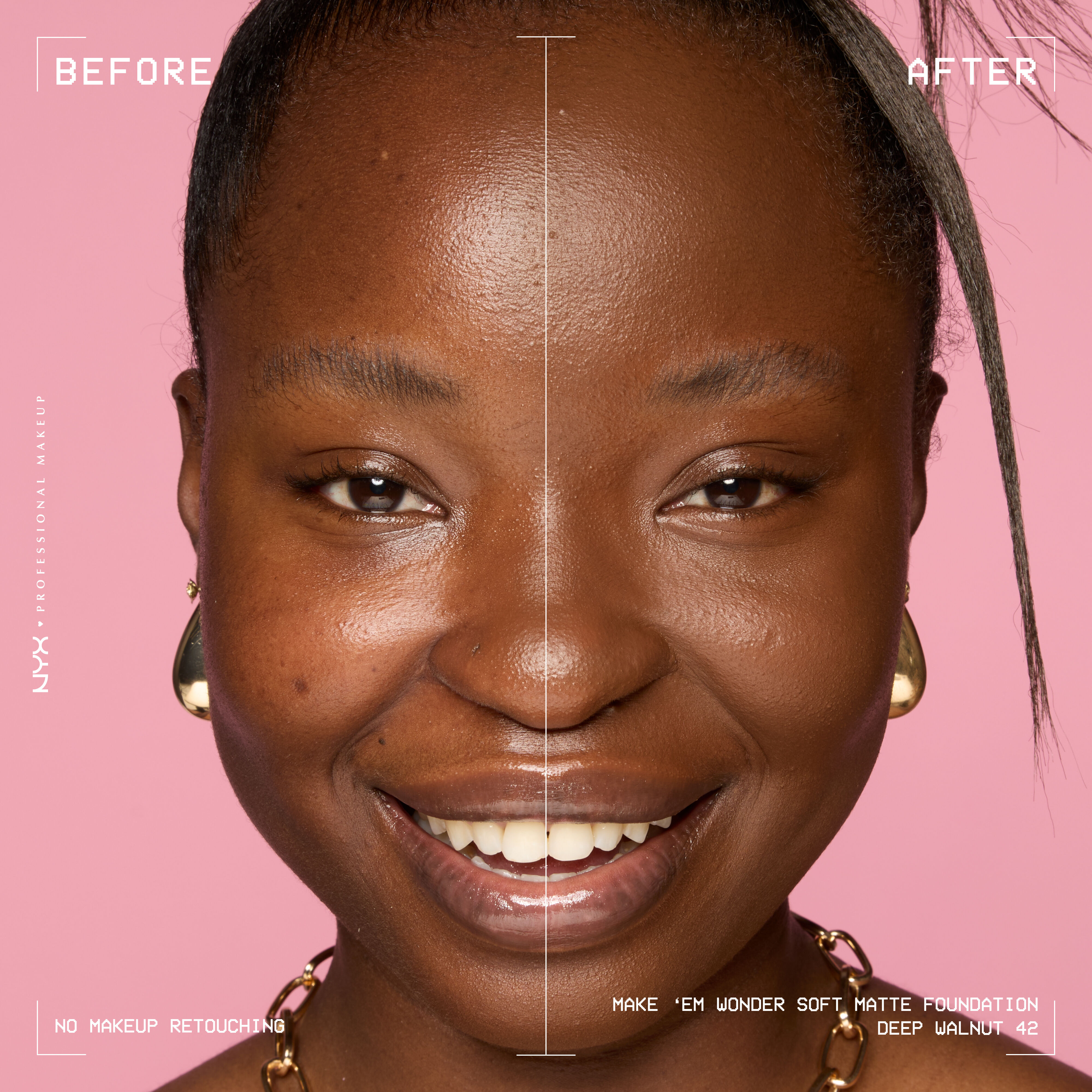Before-and-after model image wearing NYX Make ’Em Wonder Foundation shade 42 Deep Walnut, text overlay “Before / After.”