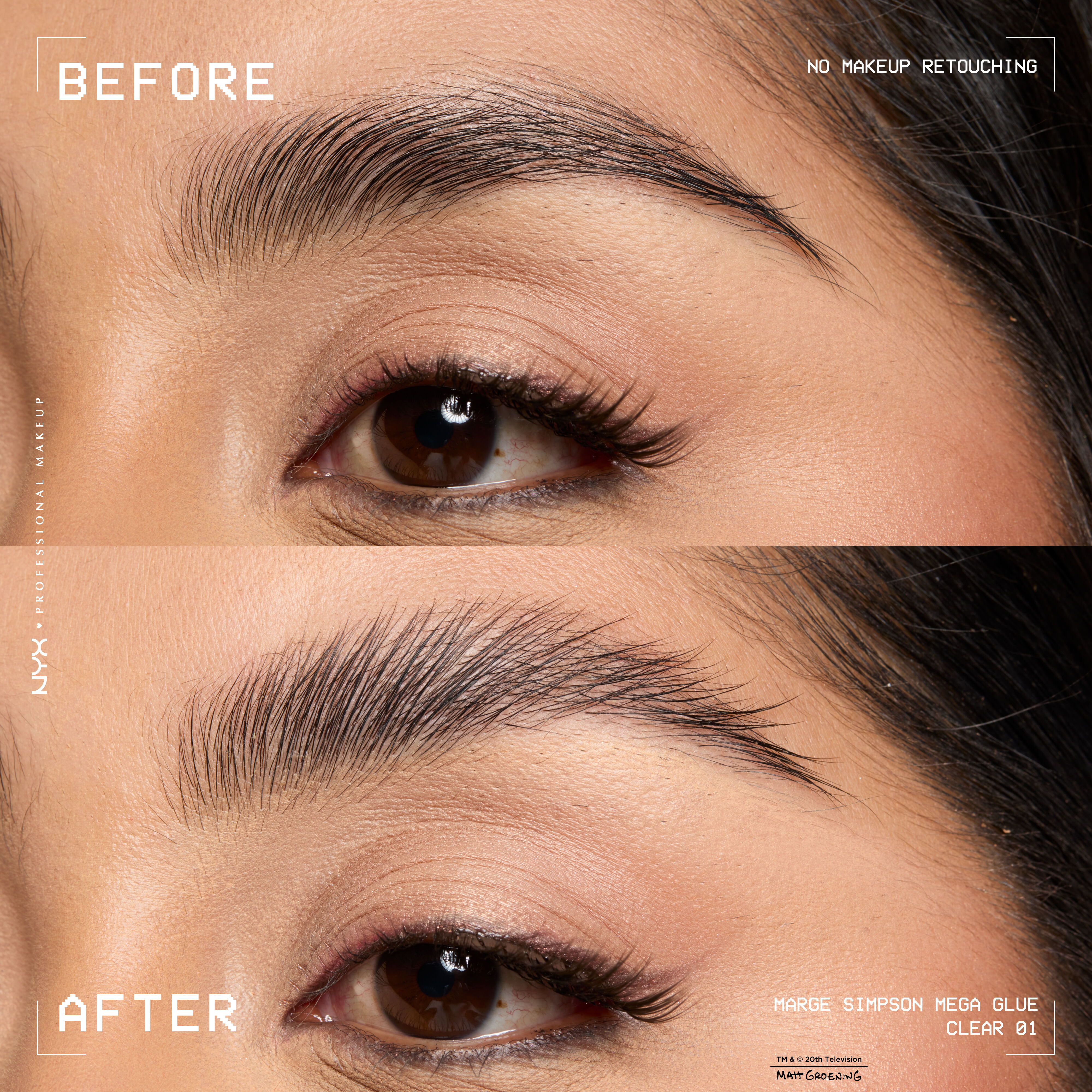 NYX Professional Makeup The Simpsons Mega Glue before and after image showing laminated brows.