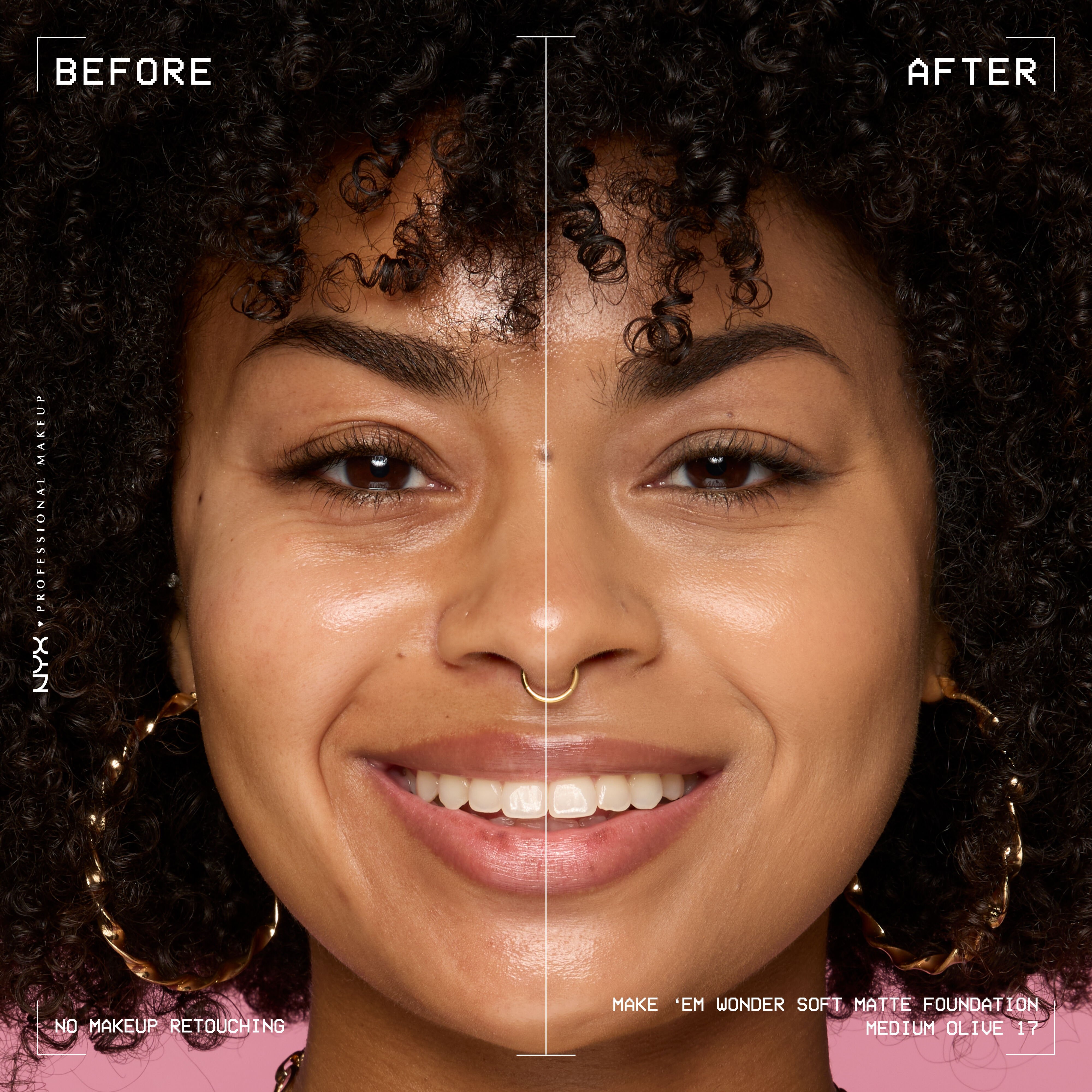 Before-and-after model wearing NYX Make ’Em Wonder Foundation shade 17 Medium Olive, text overlay “Before / After.”