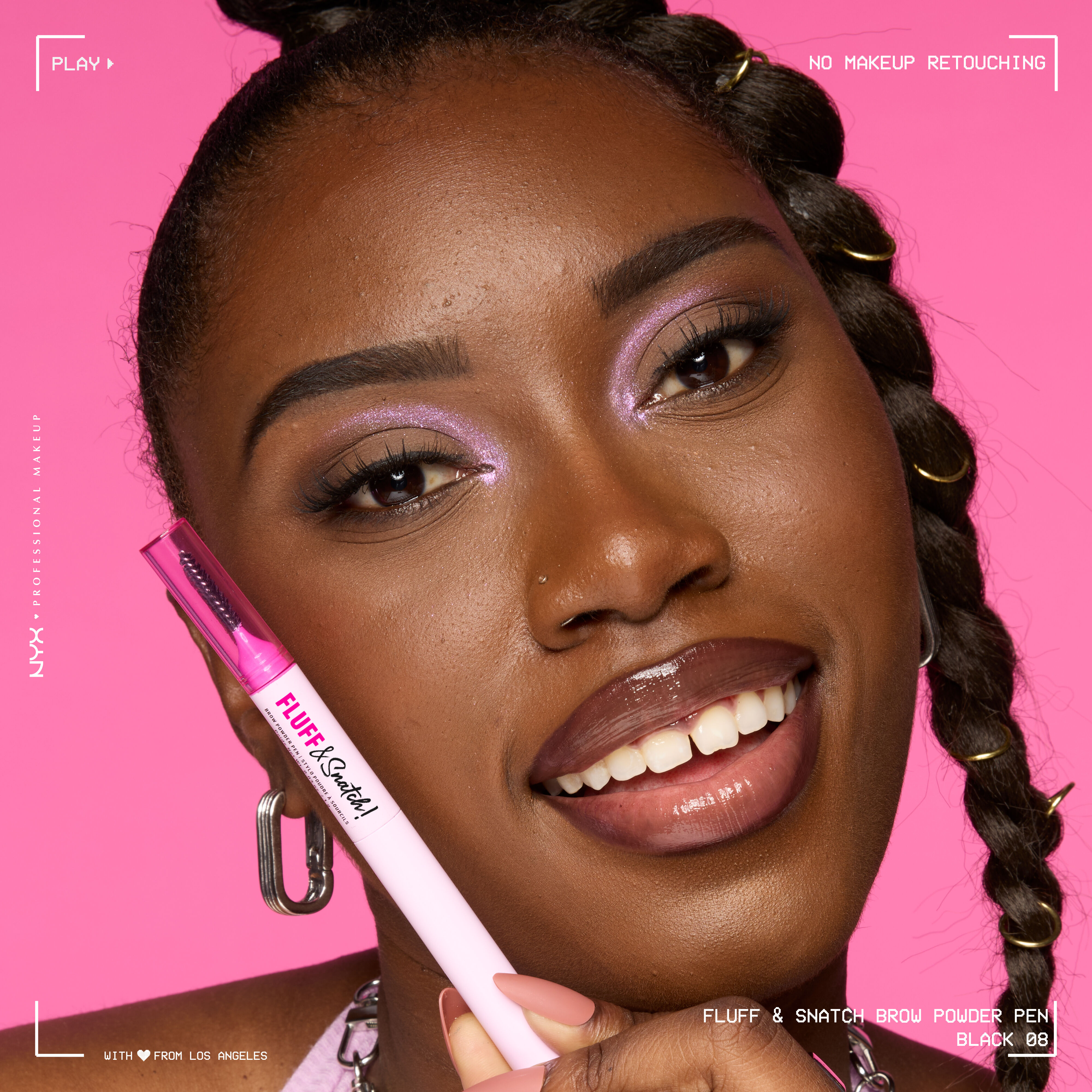 Model beauty visual wearing NYX Professional Makeup Fluff and Snatch Brow Powder Pen in shade 08 Black