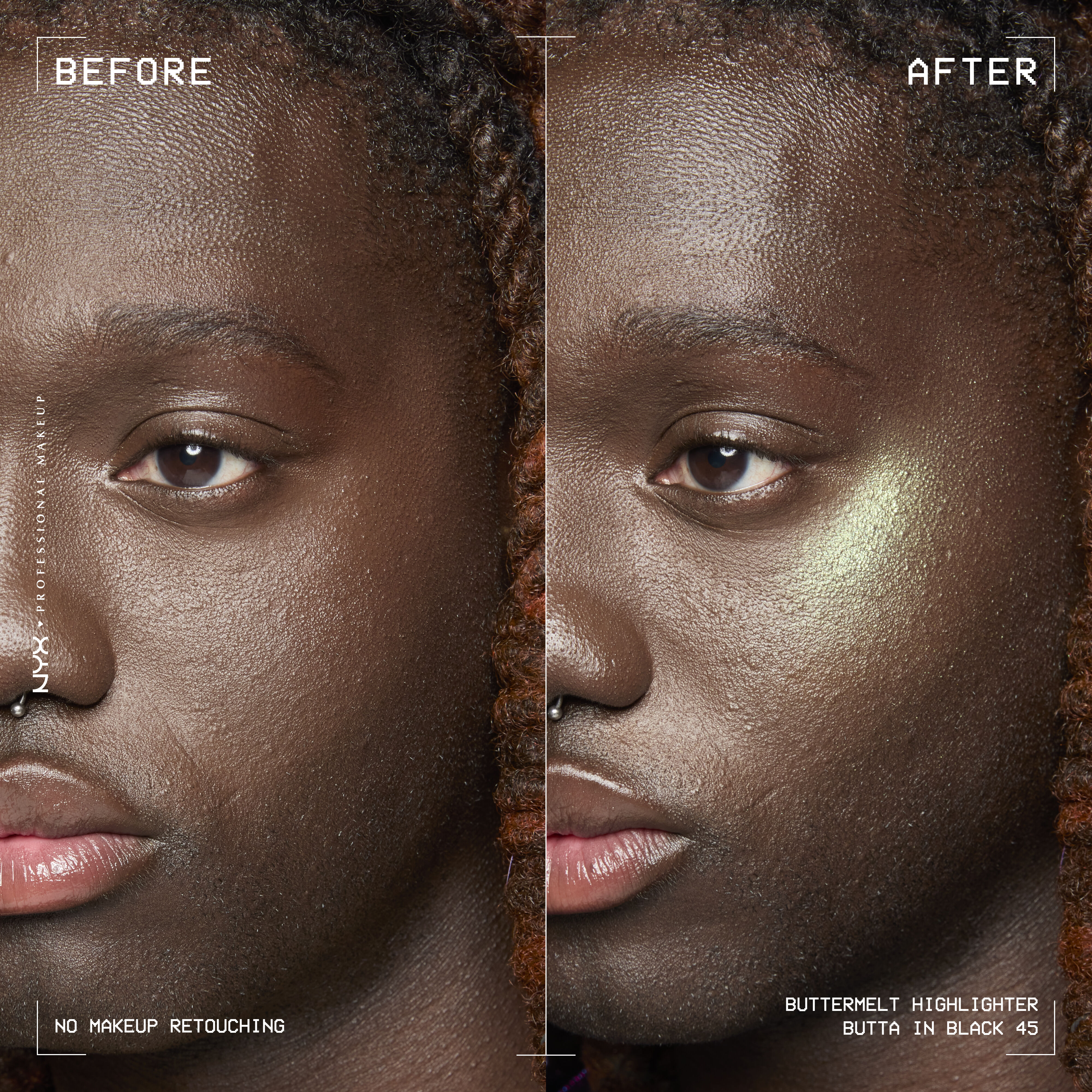 Buttermelt Highlighter in shade Butta In Black before and after on a model
