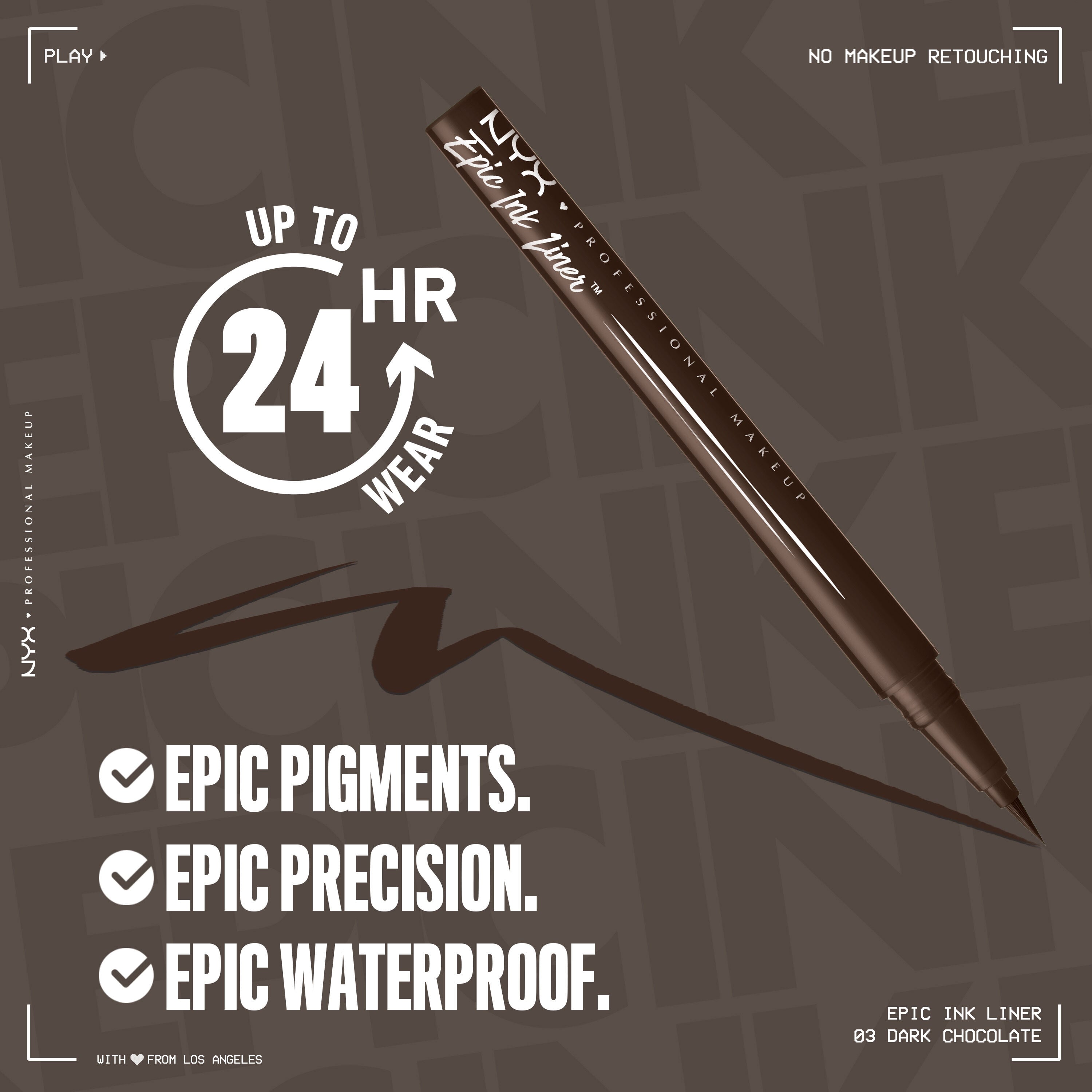 Epic Ink Liner Pen in dark brown with text saying "Up to 24 HR wear. Epic Pigments. Epic Precision. Epic Waterproof"
