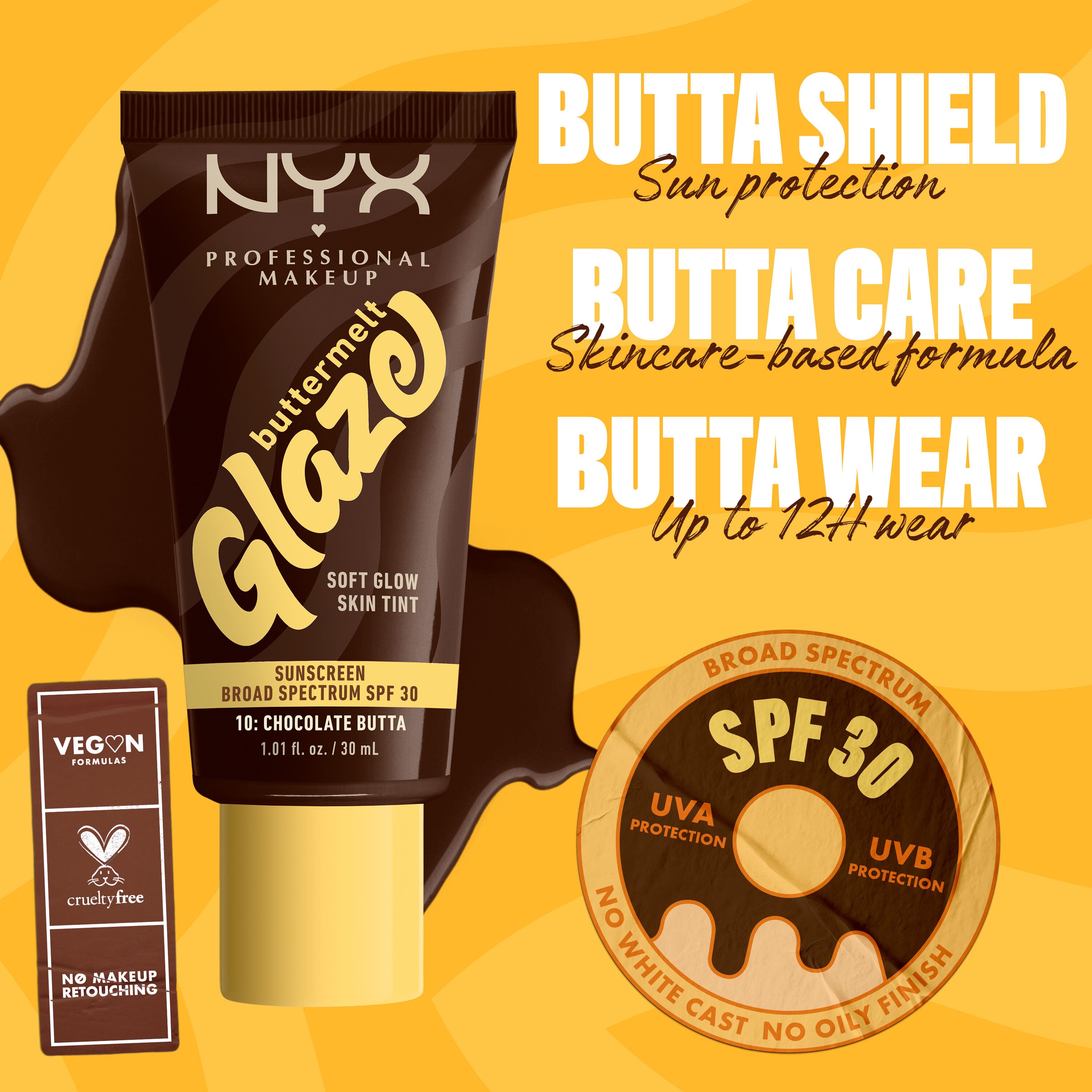  infographic of Buttermelt Glaze Skin Tint with text about sun protection, 12H wear, SPF 30, vegan and cruelty-free