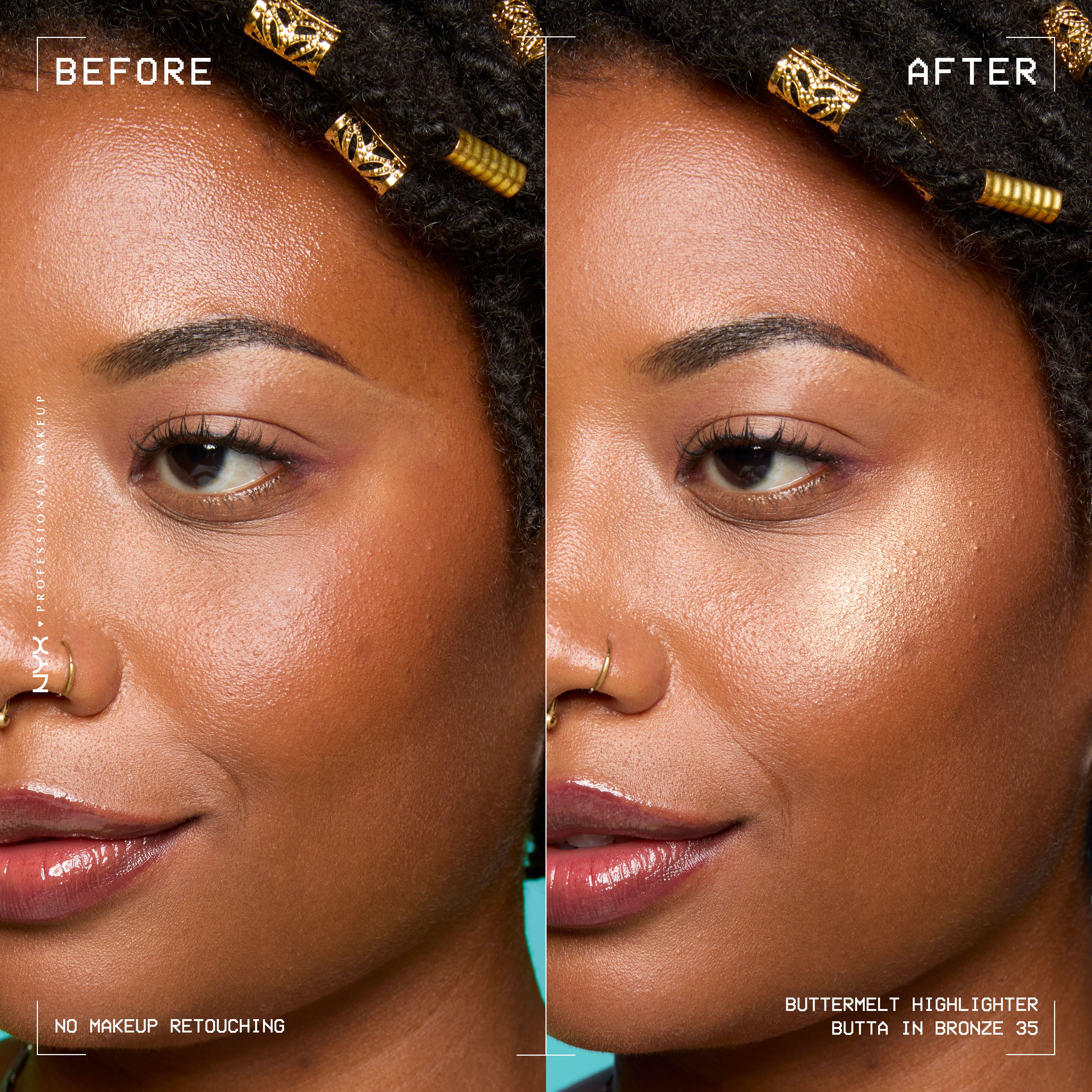 Buttermelt Highlighter in shade Butta in Bronze before and after on a model
