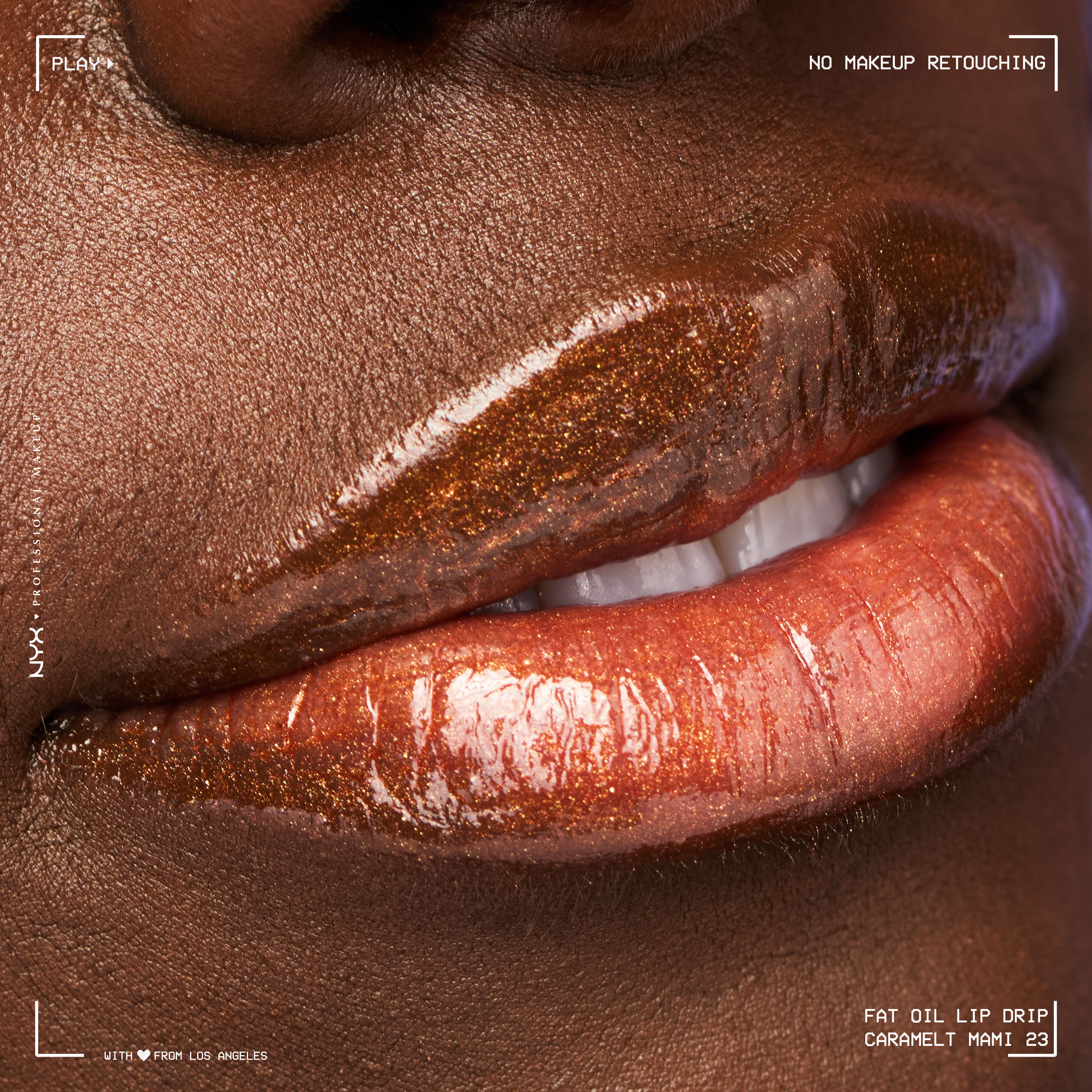 NYX Professional Makeup Fat Oil Lip Drip in Caramelt Mami applied on lips, showing glossy, high-shine, bronze shimmer finish on deep skin tone.