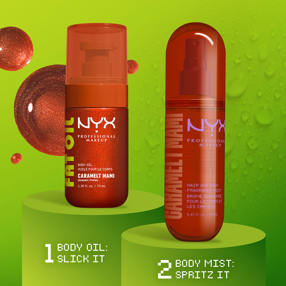 Two NYX Professional Makeup Caramelt Mami products on lime green display stands: Fat Oil body oil and hair & body fragrance mist. Text reads 1 Body Oil: Slick It and 2 Body Mist: Spritz It.