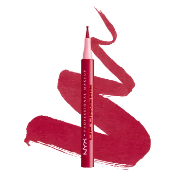 NYX Professional Makeup Lip Lingerie Lip Liner Stain in shade 14 Flirt Alert, upright pen with pink applicator cap over deep berry-red lip liner swatches on a white background.