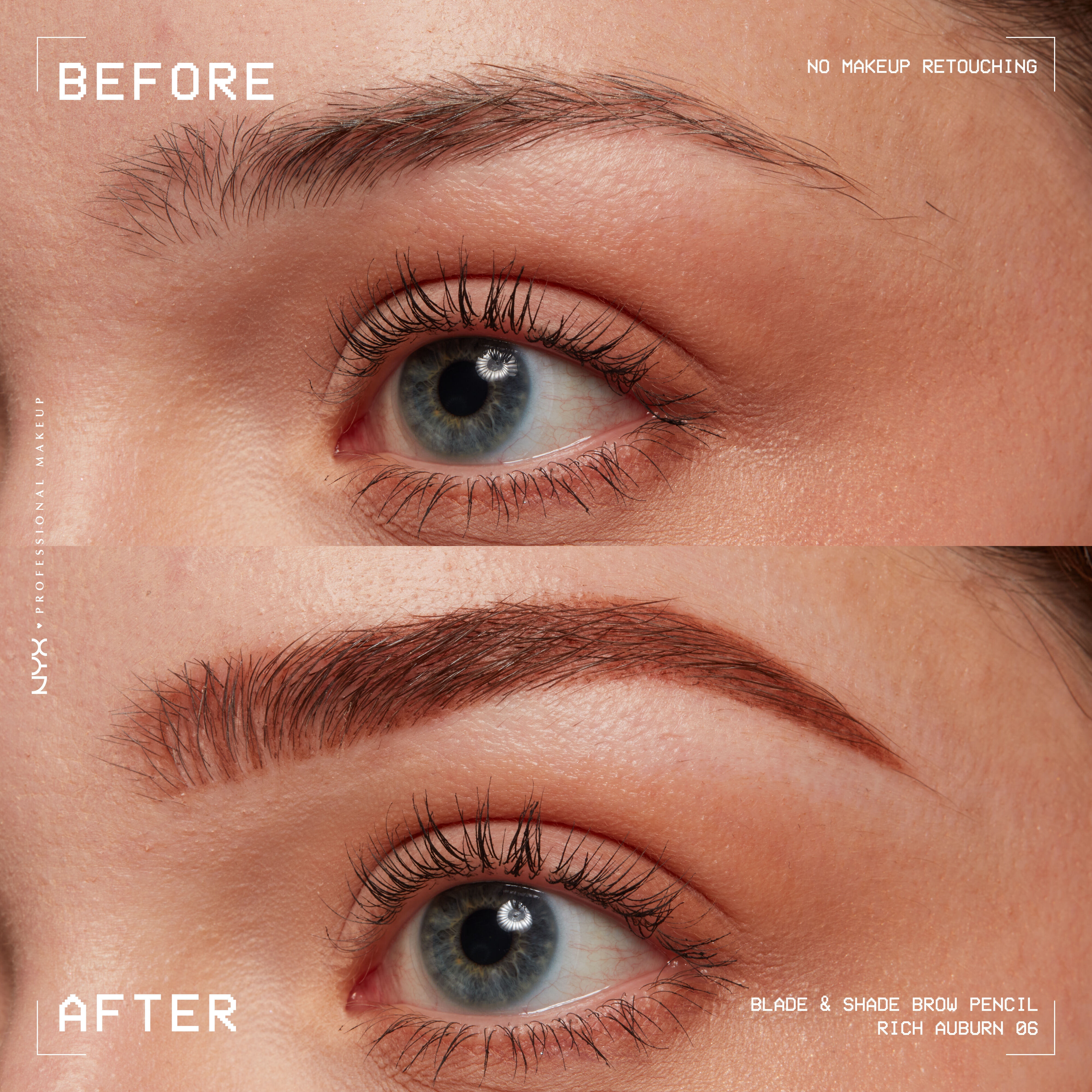 closeup before and after of Blade & Shade Nano Brow Pencil on light brown eyebrow