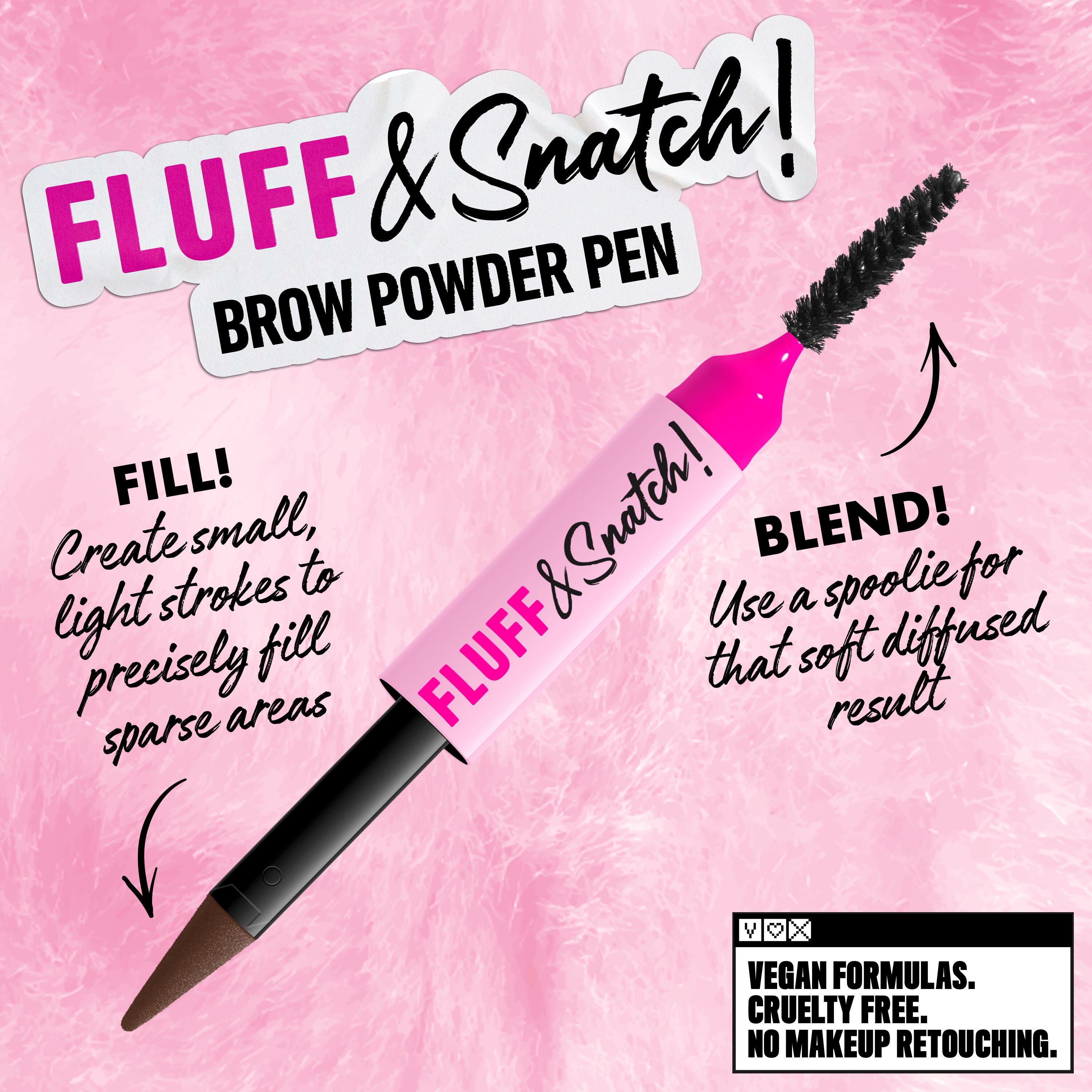 NYX Professional Makeup Fluff and Snatch Brow Powder Pen with fill and blend instructions, pink background in shade06 Brunette