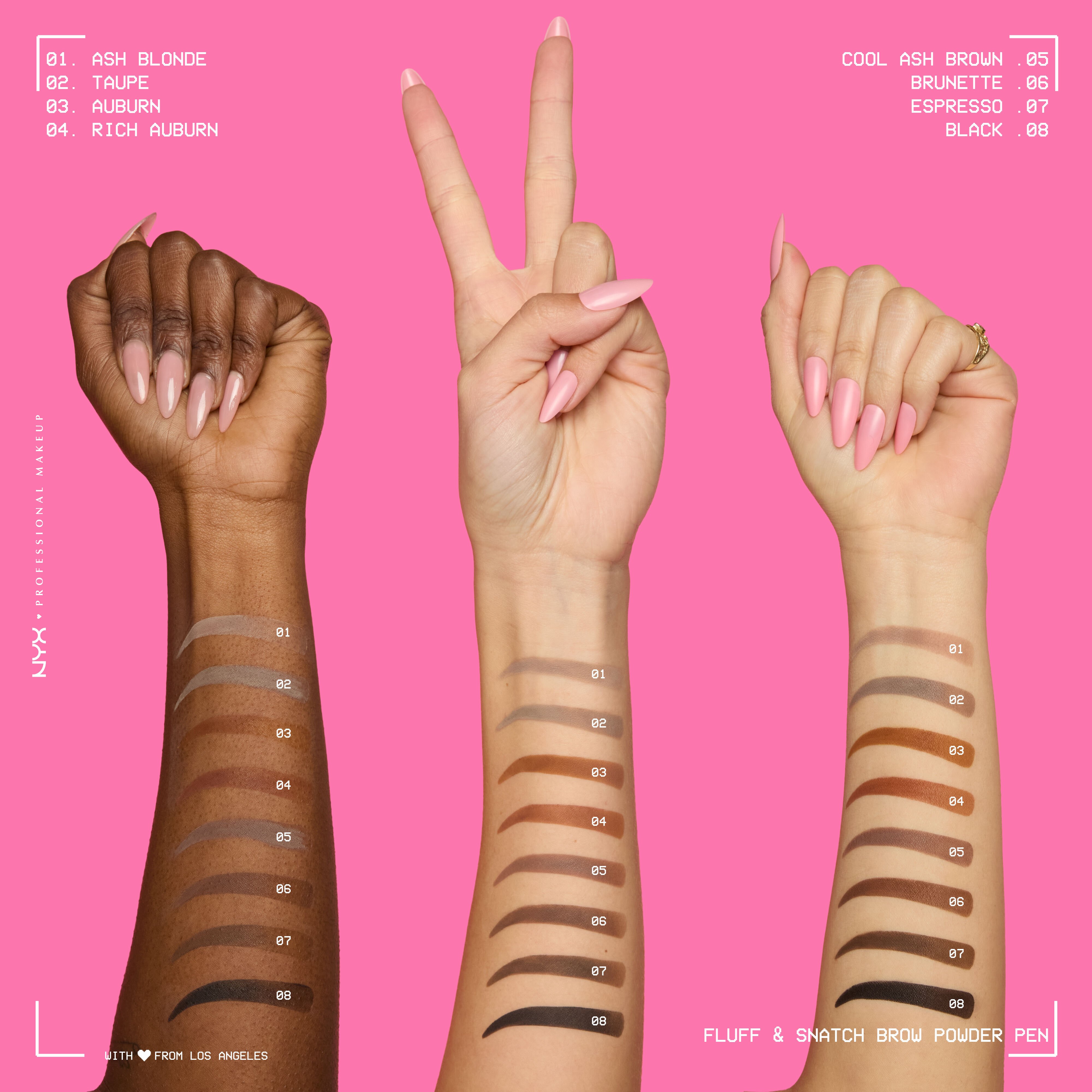 Three arms with different skin tones, each showing multiple NYX Fluff and Snatch Brow Powder Pen swatches.