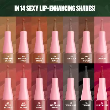 NYX Professional Makeup Lip Lingerie Lip Liner Stain shade range, showing 14 shades including 13 Tied Up.