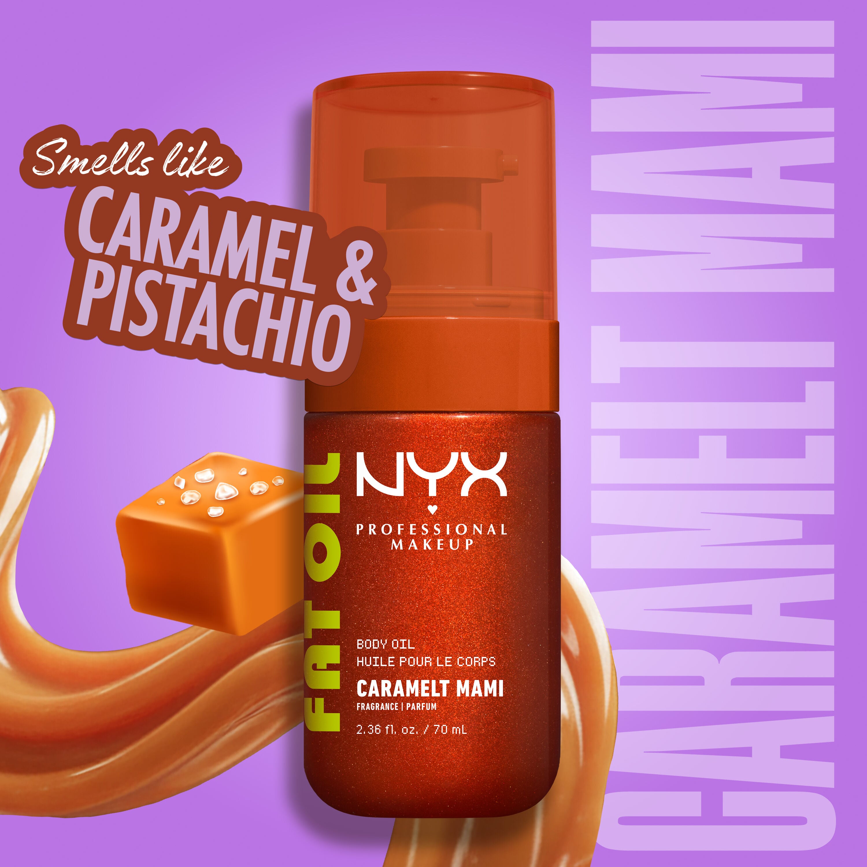 NYX Professional Makeup Fat Oil Body Oil in Caramelt Mami with a caramel & pistachio scent, highlighting a glossy, indulgent body glow.