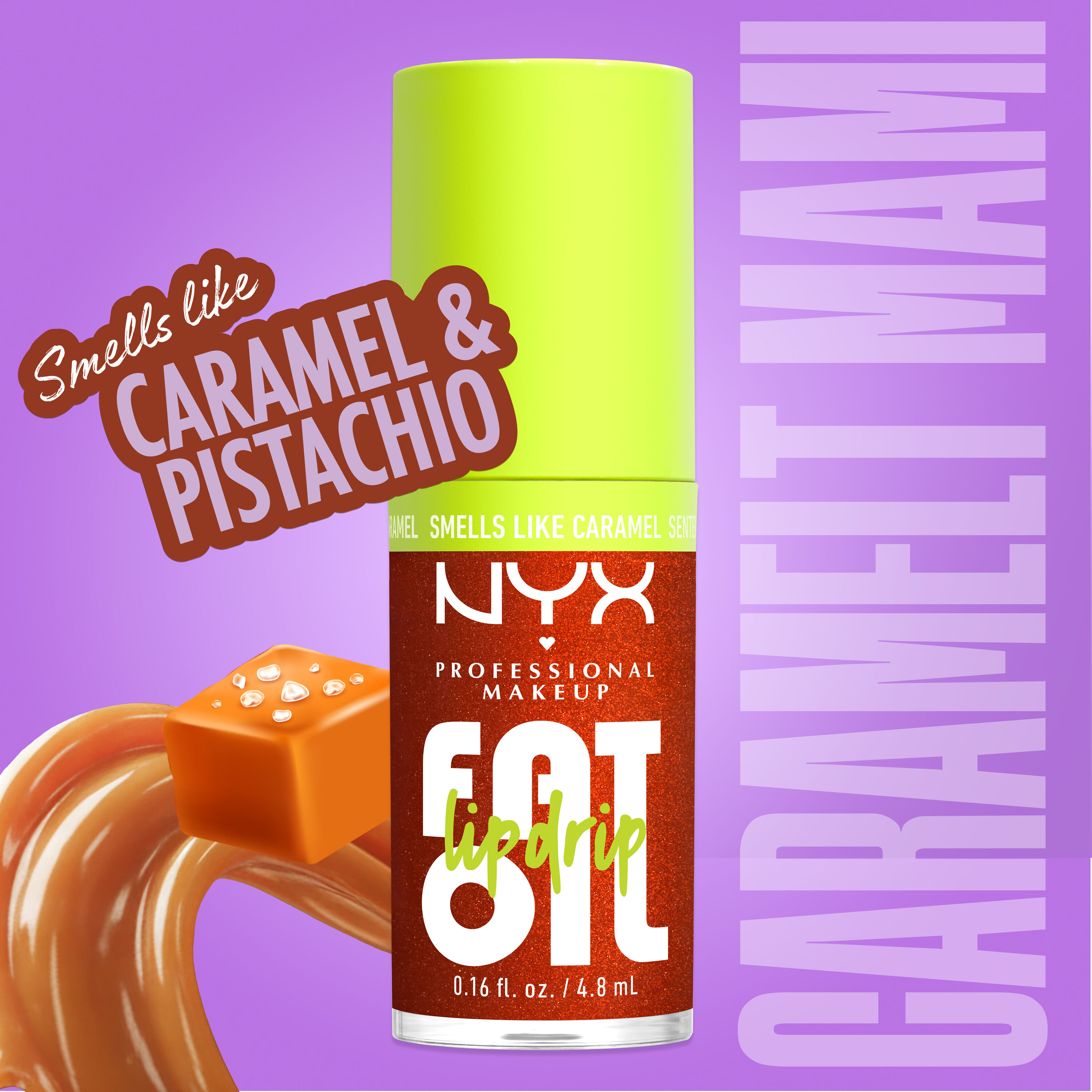 Fat Oil Lip Drip high-shine lip gloss in Caramelt Mami shade with caramel and pistachio scent, shown in bright packaging with applicator and caramel swirl background.