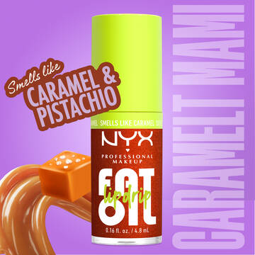 Fat Oil Lip Drip high-shine lip gloss in Caramelt Mami shade with caramel and pistachio scent, shown in bright packaging with applicator and caramel swirl background.