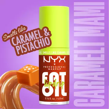 Fat Oil Lip Drip high-shine lip gloss in Caramelt Mami shade with caramel and pistachio scent, shown in bright packaging with applicator and caramel swirl background.