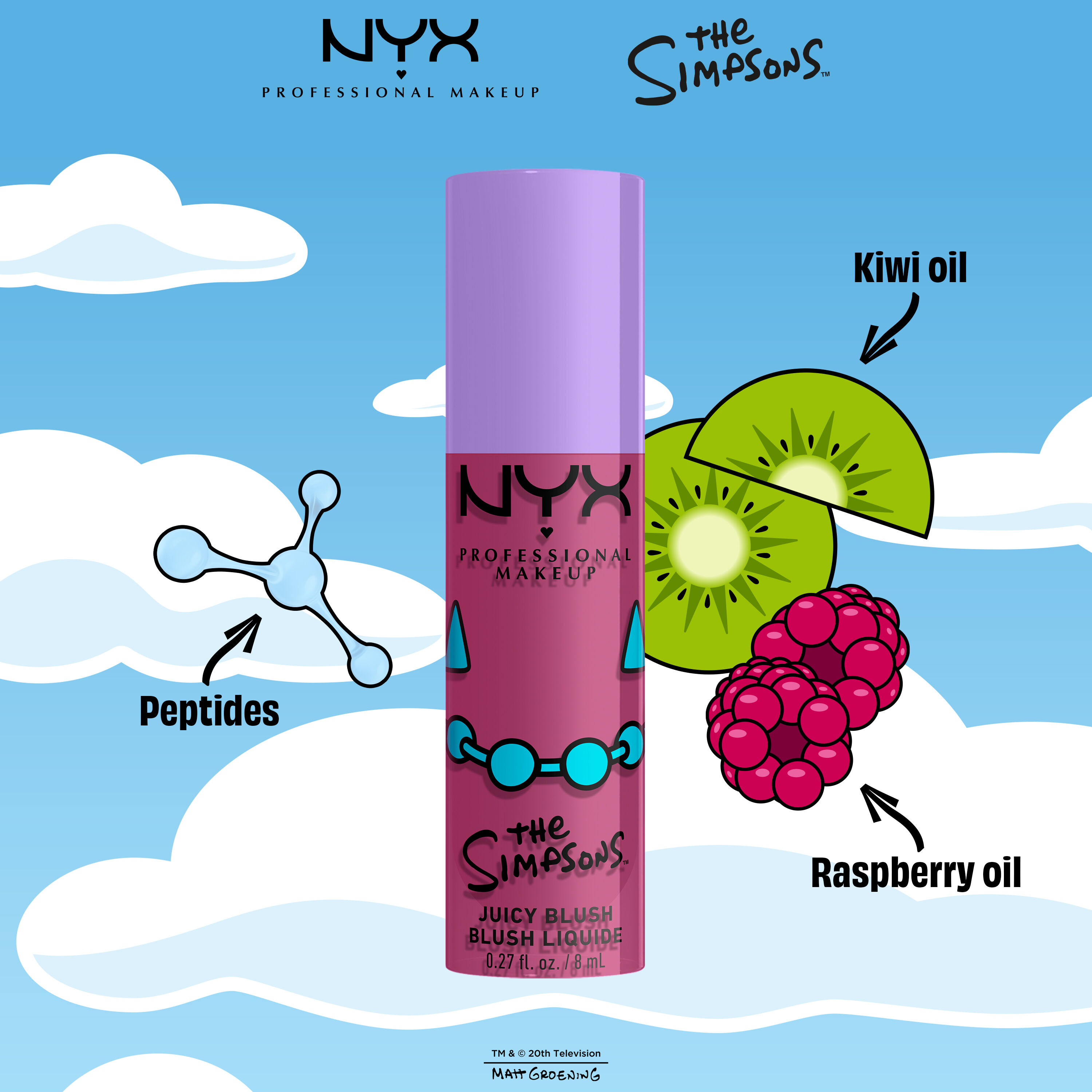 NYX Professional Makeup The Simpsons Fat Blush packshot with illustrated ingredients including peptides, kiwi oil, and raspberry oil on a blue background in shade 02 Lavender Sass