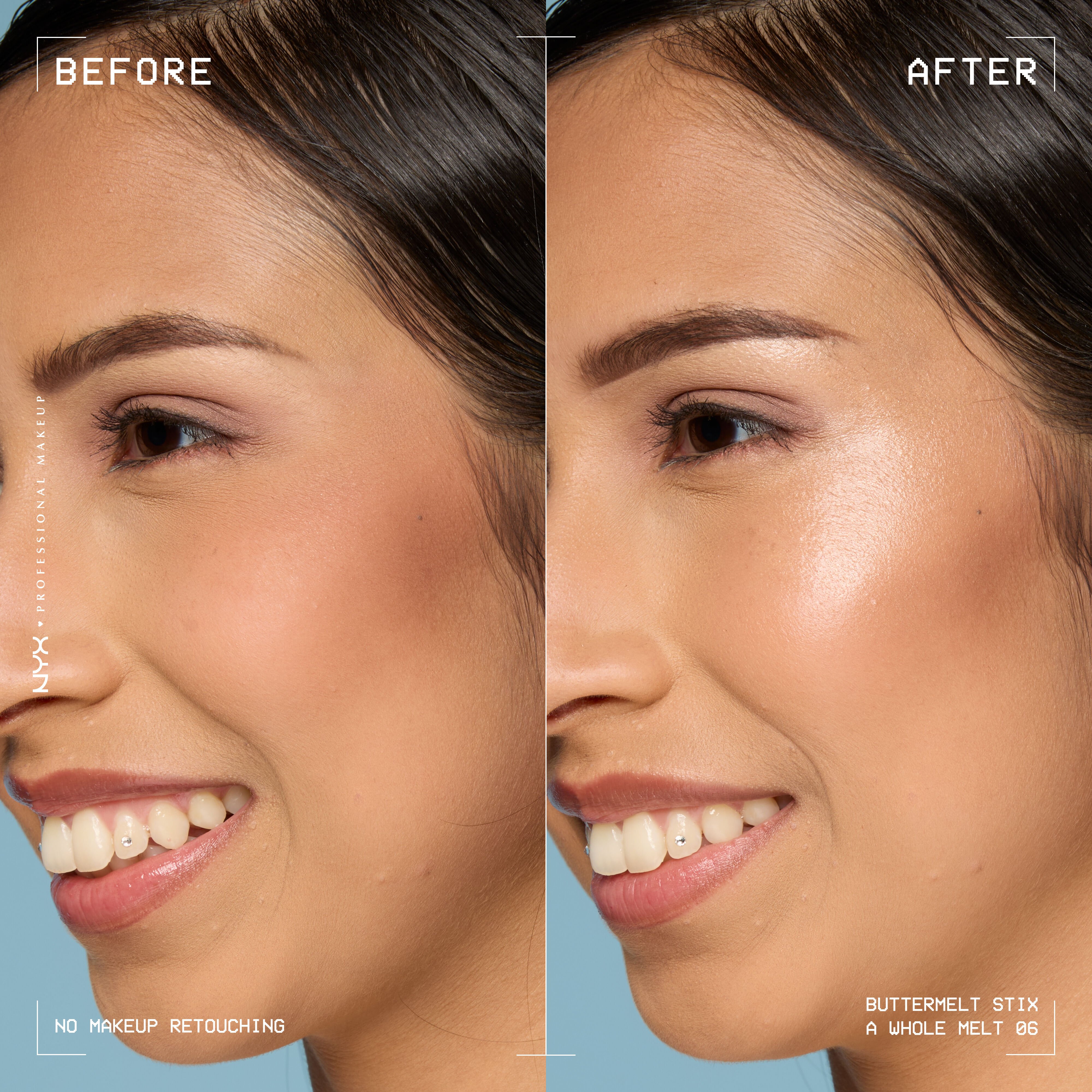 Before and after of model wearing NYX Buttermelt Stix A Whole Melt 06 showing luminous golden glow, “No Makeup Retouching” text
