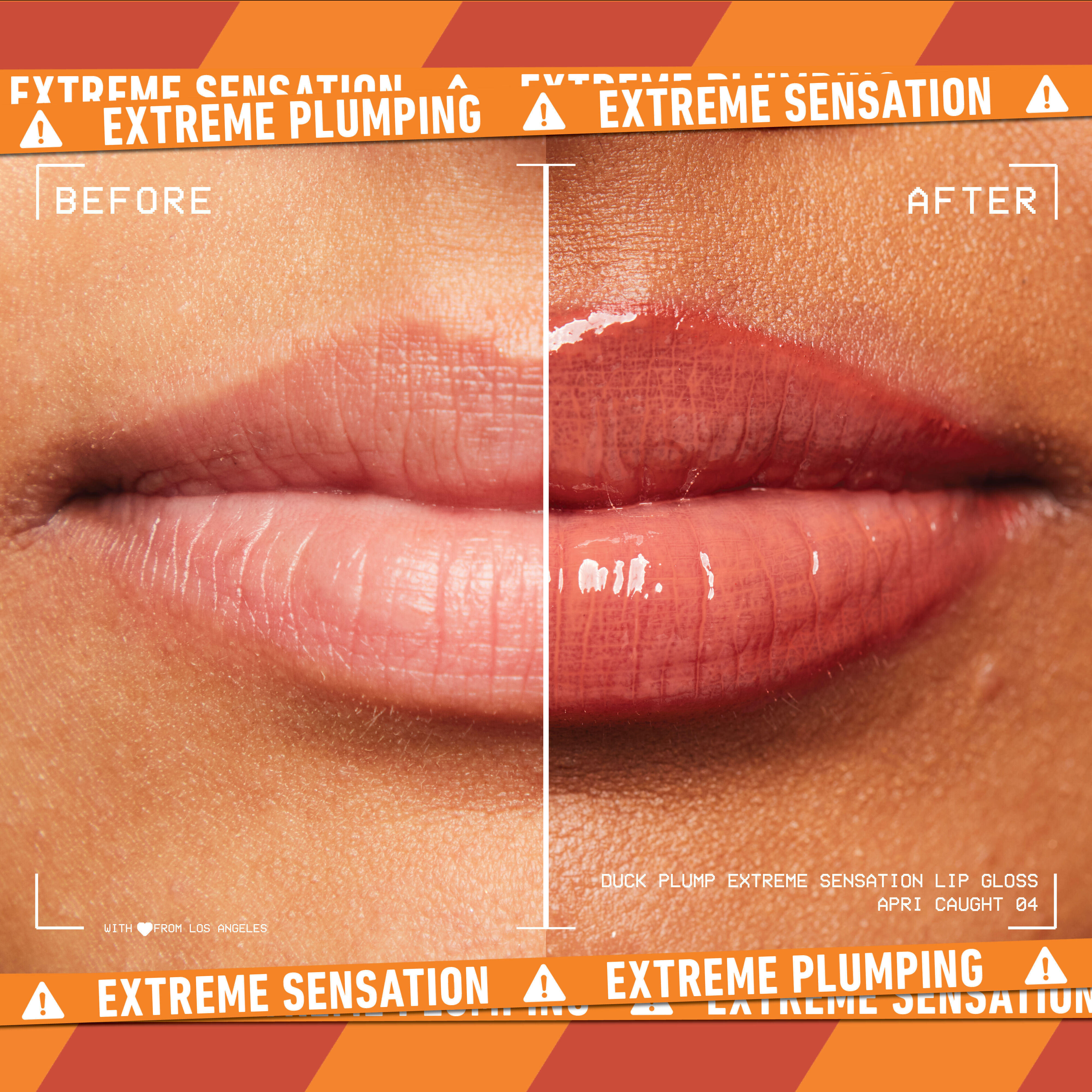 before and after image of lips with Duck Plump Lip Plumping Gloss