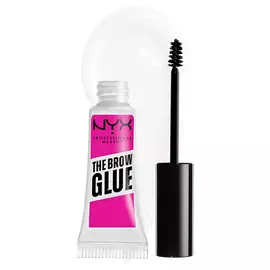 The Brow Glue Instant Brow Styler open tube with wand beside it on a white background