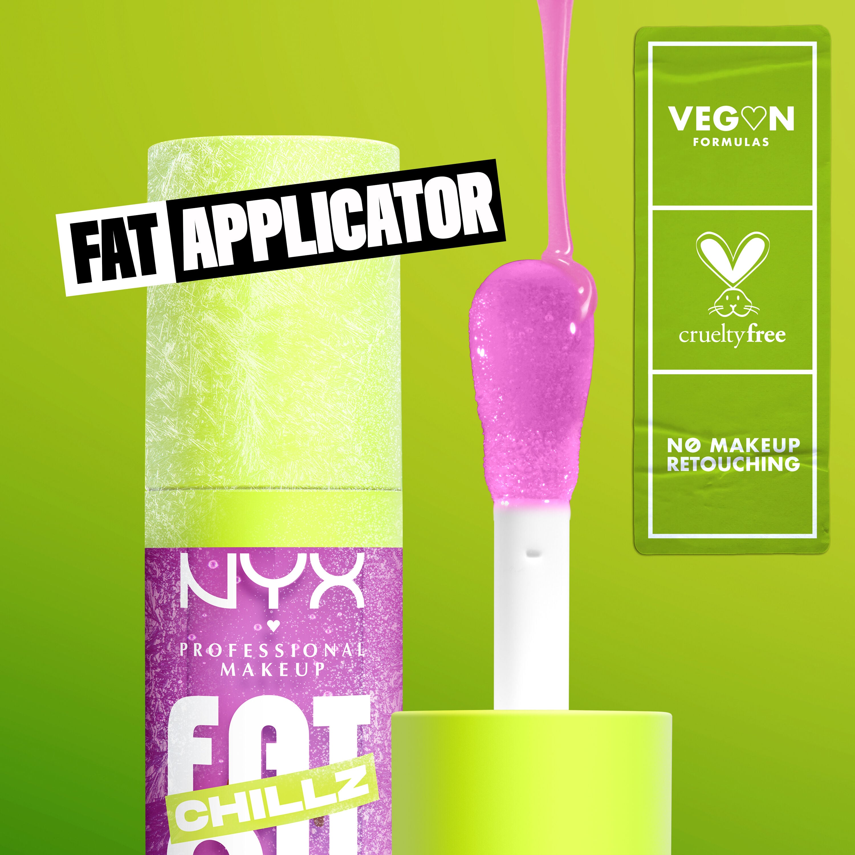 Fat Oil Chillz in shade Strawberry Slush close up to applicator and bottle. Fat Applicator. Vegan. Cruelty Free. No Makeup Retouching. 
