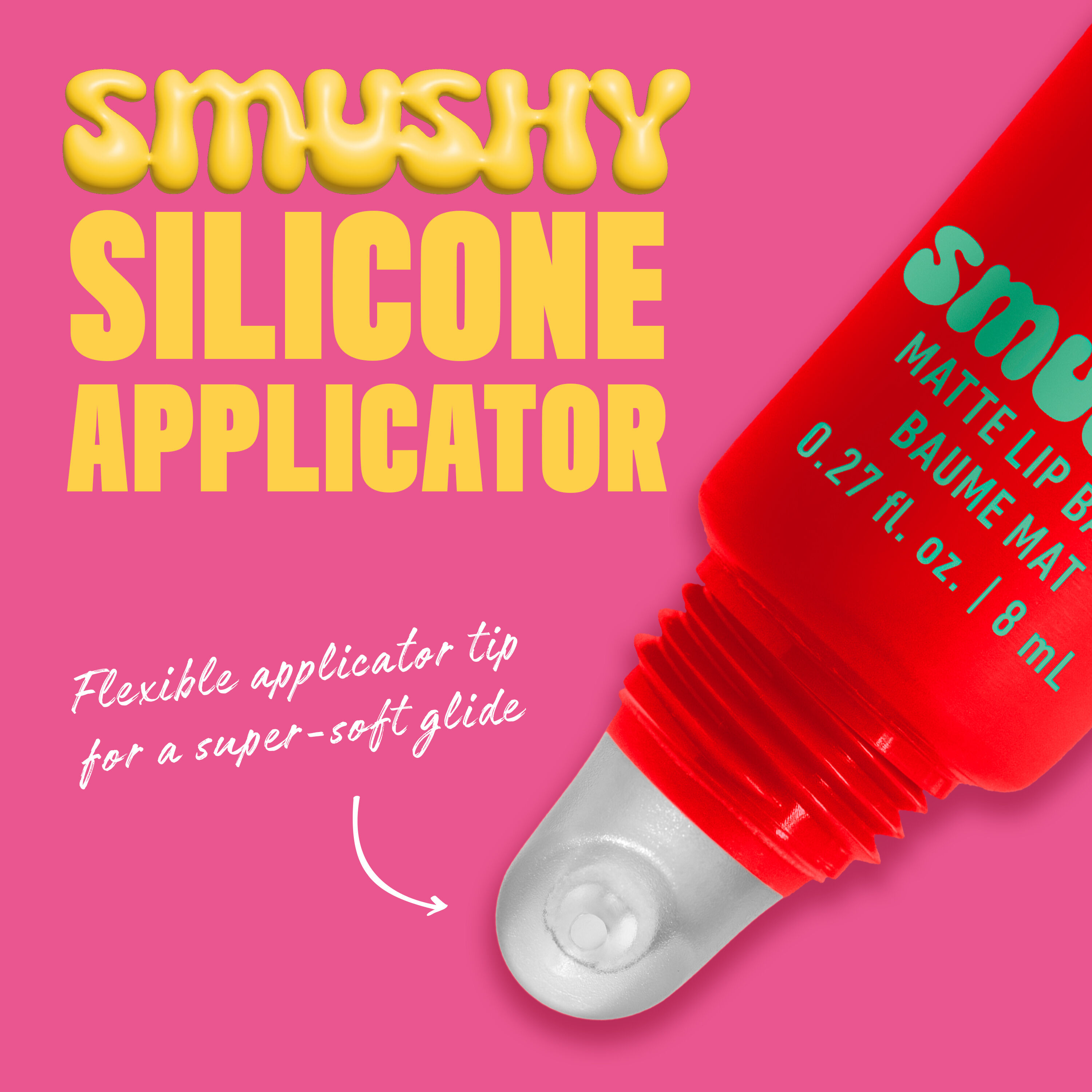 Closeup of Smushy Lip Balm in shade "Soft Sorbet" silicone applicator with text "Flexible applicator tip for a super-soft glide"