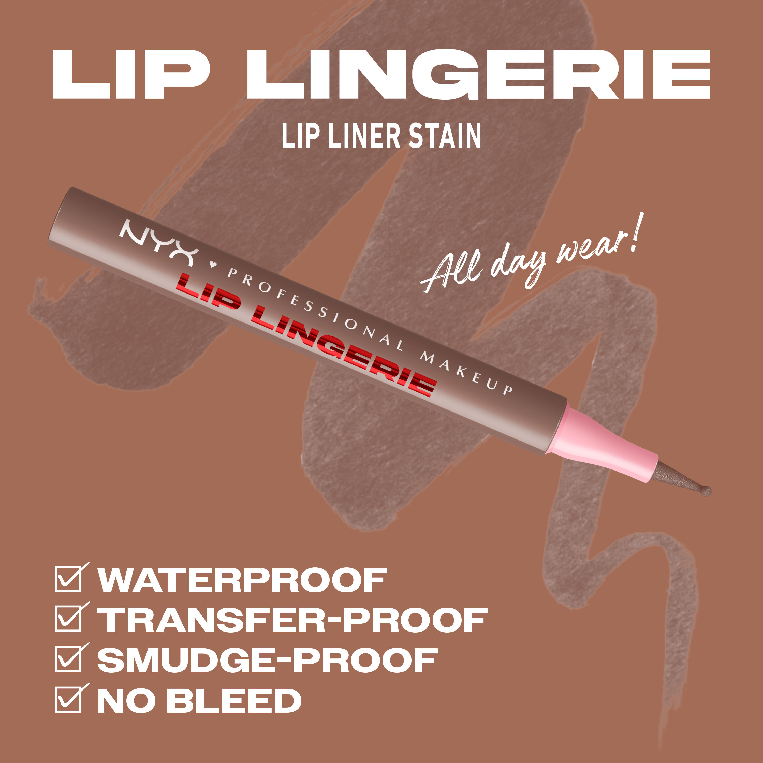NYX Professional Makeup Lip Lingerie Lip Liner Stain in 05 Lip Lock shown with waterproof, transfer-proof, smudge-proof and no bleed benefits on a taupe background.