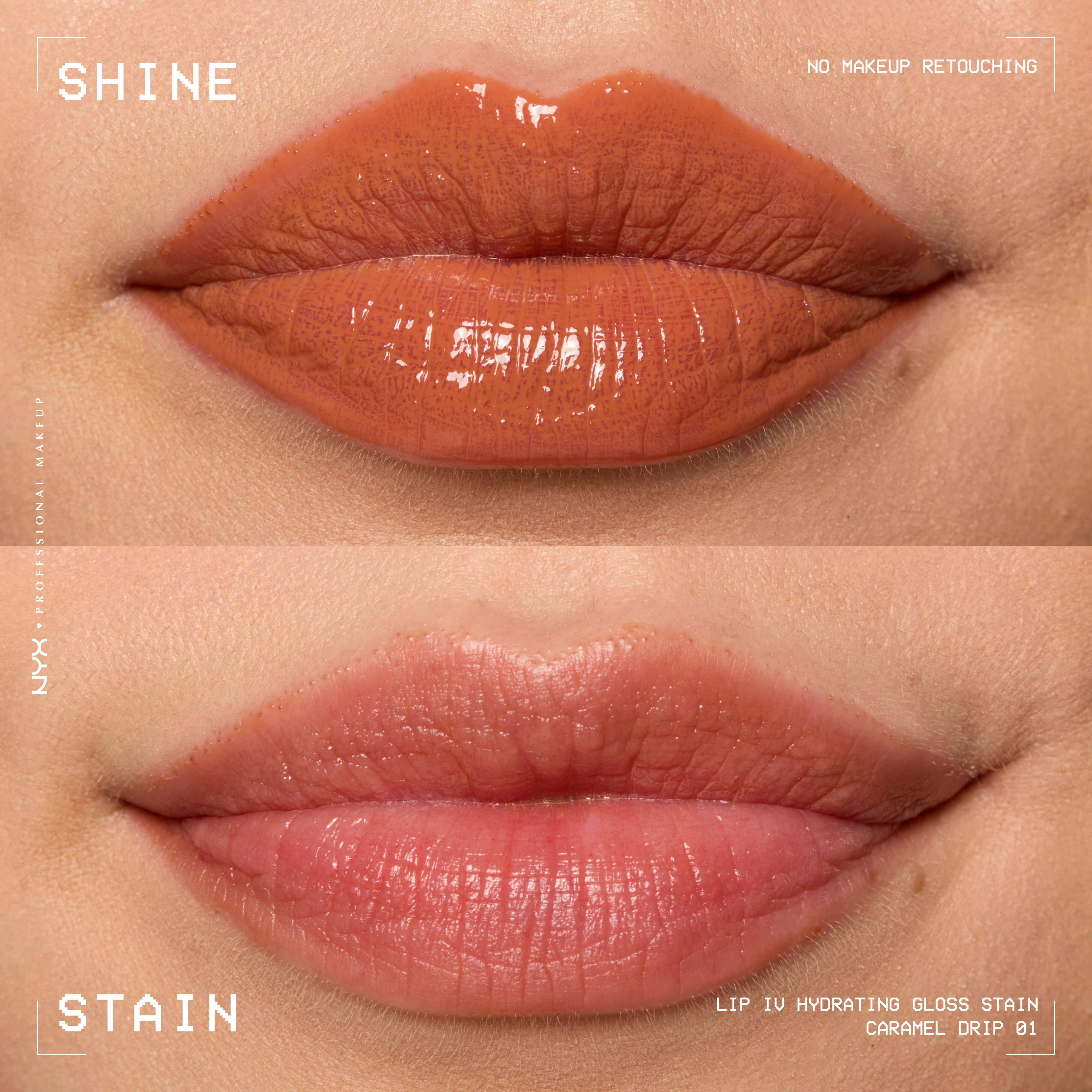 comparison of lips when glossy from Lip I.V. Hydrating Lip Stain vs after staining labeled “Shine” and “Stain”
