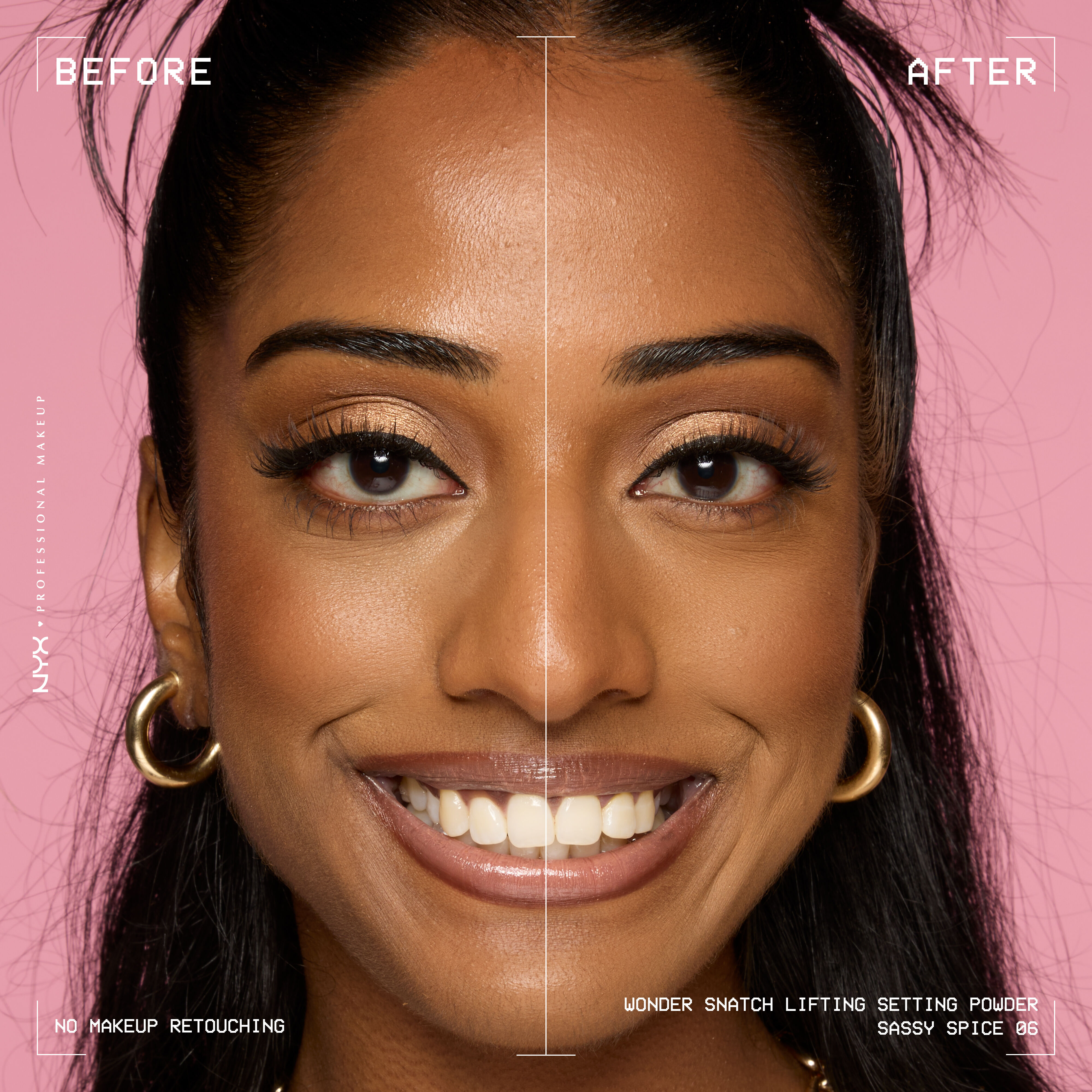 Smiling model before and after applying Wonder Snatch Loose Setting Powder in translucent medium-deep shade Sassy Spice