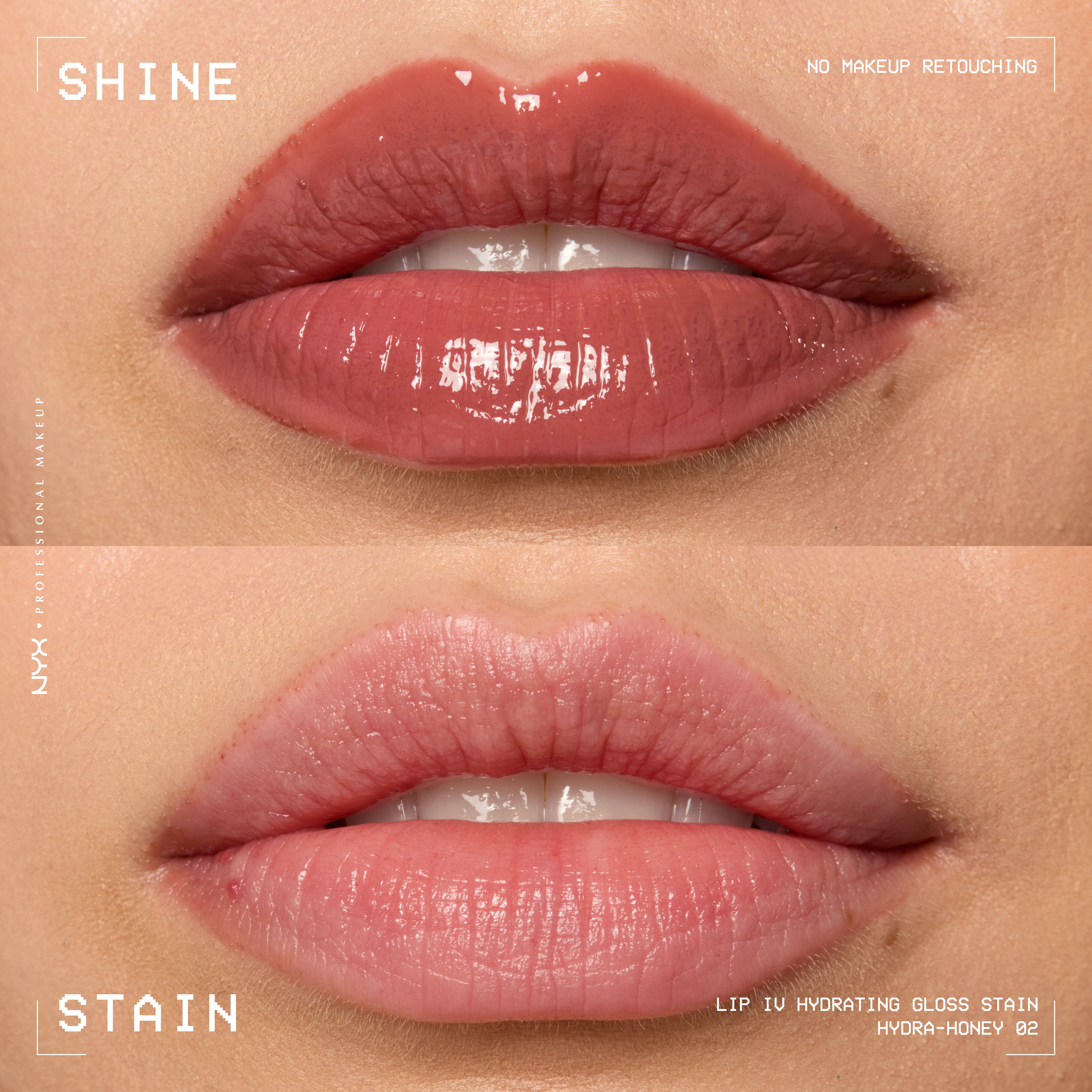 comparison of lips when glossy from Lip I.V. Hydrating Lip Stain vs after staining labeled “Shine” and “Stain”