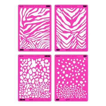 NYX Professional Makeup Party Animals Stencils Kit, back of pink package showing five animal-print stencil designs.